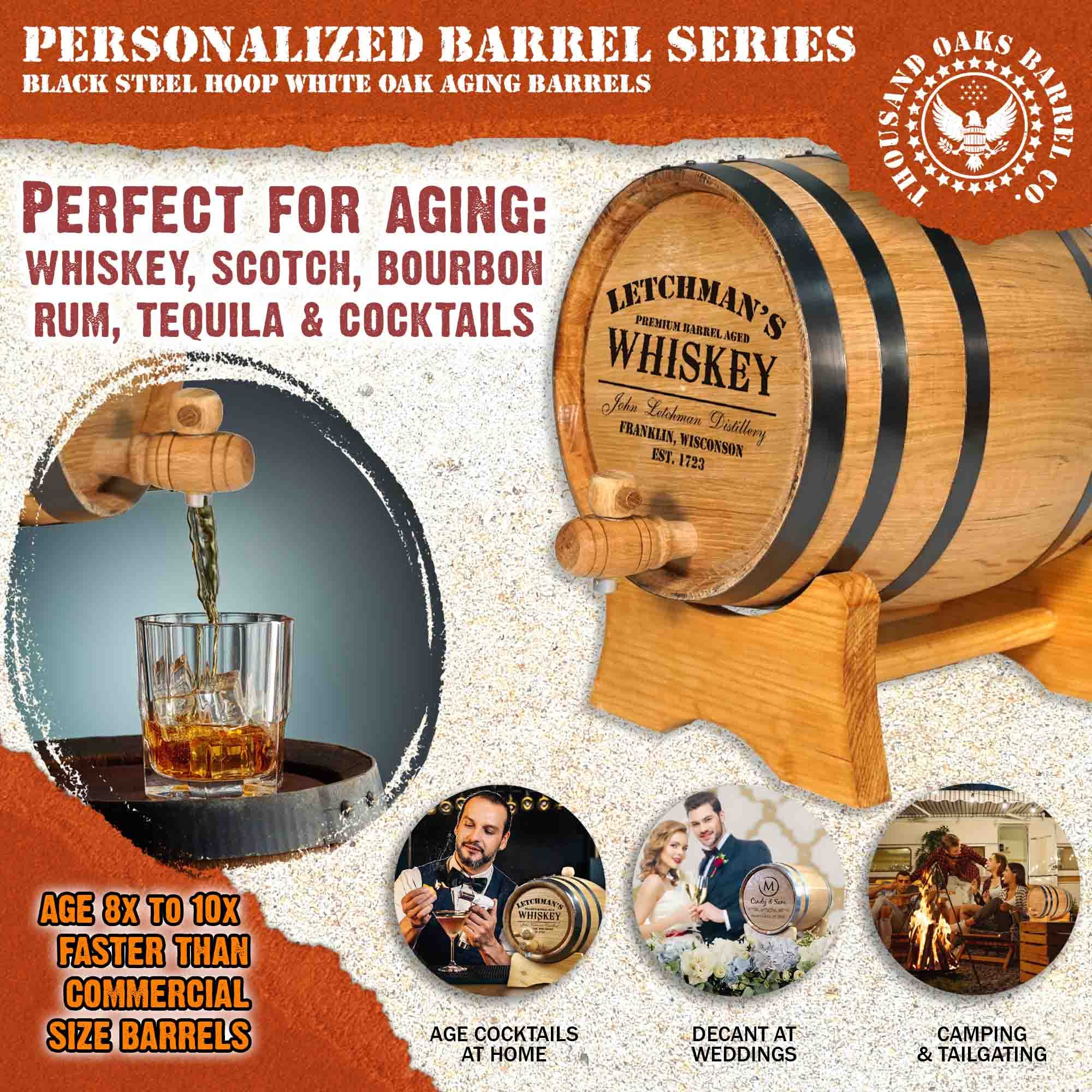 Personalized 3 Liter Oak Aging Barrel with Stand - Custom Laser Engraved 3L Whiskey Barrel Kit for Bourbon, Rum, Tequila & Cocktails | Includes Bung & Spigot | Perfect for Home Brewing, Wine Making & Craft Spirit Aging