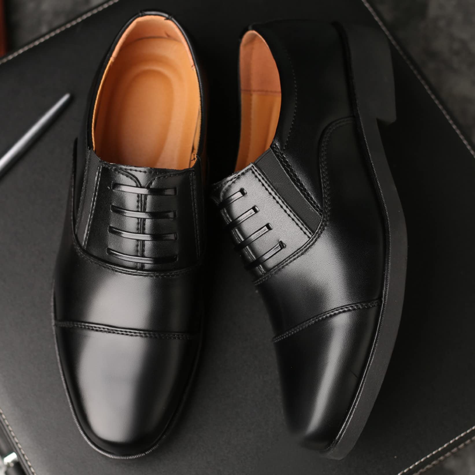Men's Classic Dress Shoes - Formal Slip On Oxfords for Office & Party | Breathable PU Leather | Black | Perfect for Business Meetings, Weddings & Special Occasions