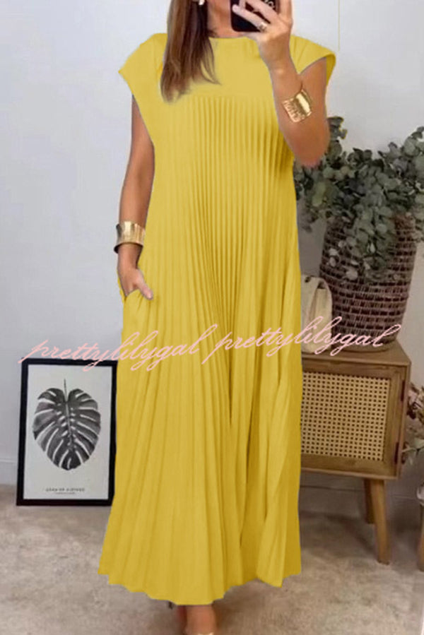 Elegant Solid Color Round Neck Sleeveless Pleated Maxi Dress with Flowy Hem - Perfect for Summer Beach Vacations, Garden Parties & Casual Outings