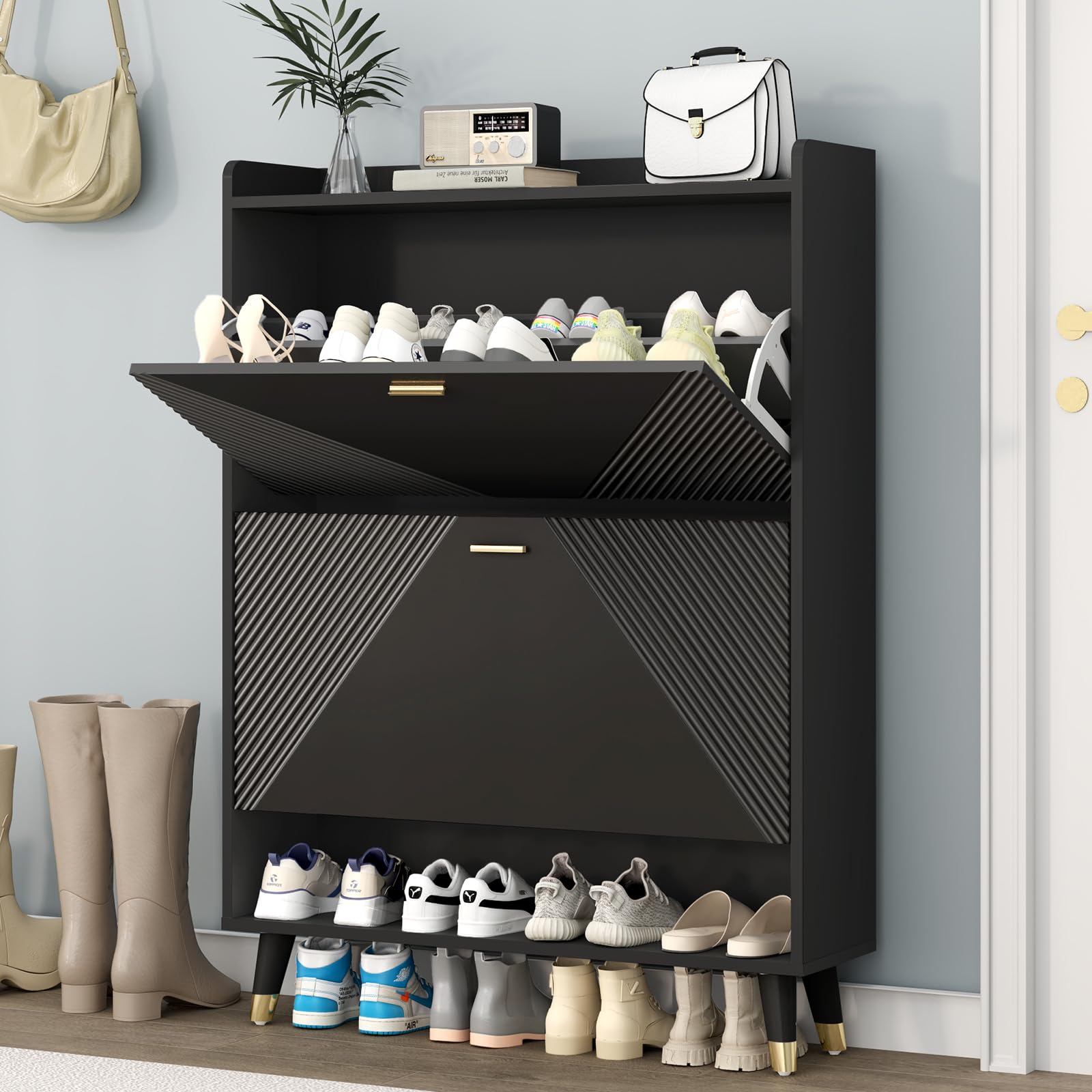 Slim Wooden Shoe Storage Cabinet with 2 Flip Drawers - Freestanding Shoe Organizer with Cubby and Shelf, Holds 24 Pairs - Hidden Narrow Shoe Rack for Entryway, Hallway, Closet, or Bedroom - Black