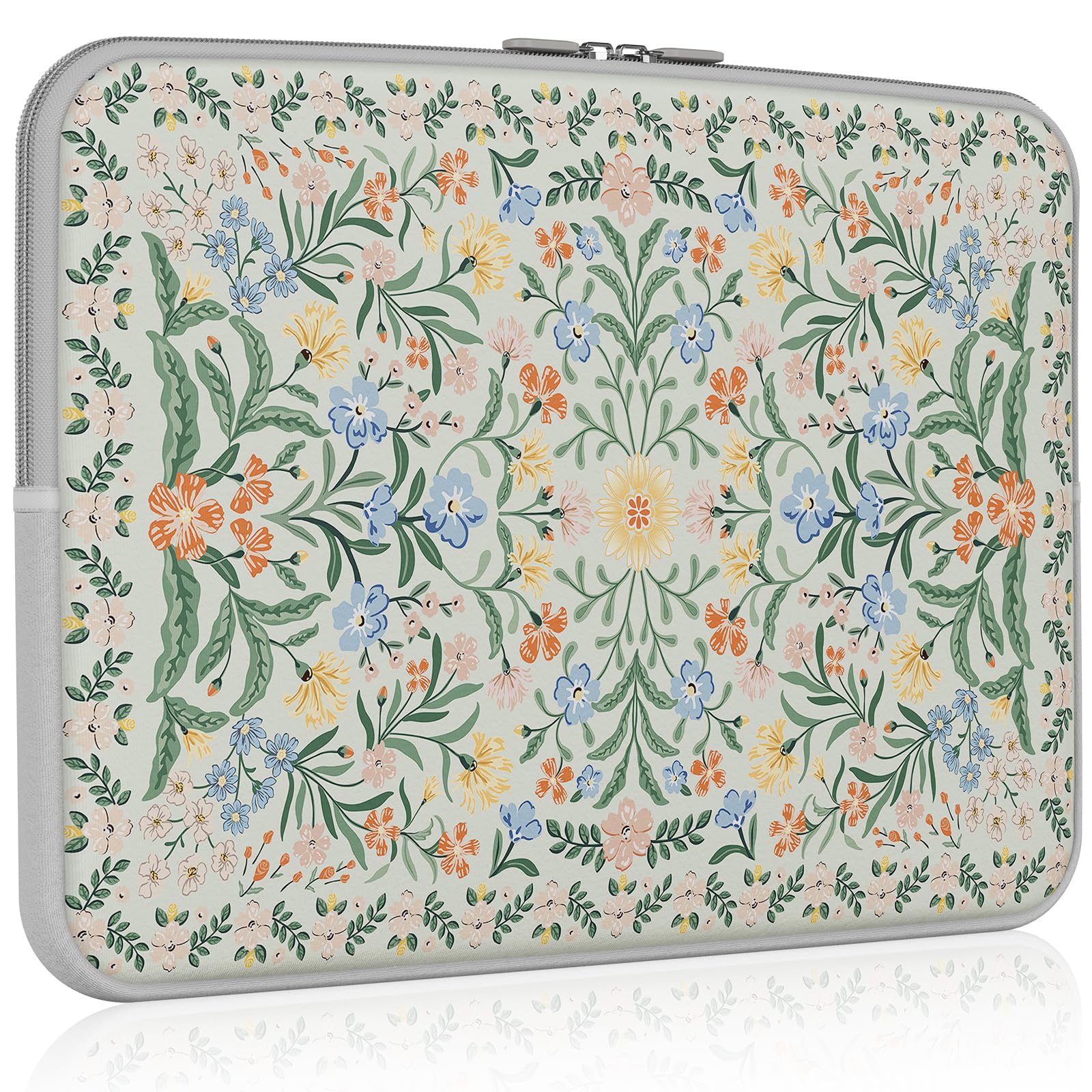 iCasso 13-14 Inch Laptop Sleeve for MacBook Air/Pro, Chromebook & HP - Slim Protective Travel Case with Green Boho Floral Design | Perfect for Work, School & Commuting