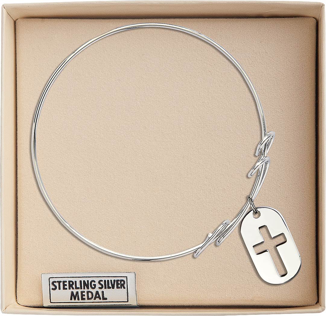 Sterling Silver Round Double Loop Bangle Bracelet with Cross Dog Tag Charm - Elegant Jewelry for Women, Perfect for Everyday Wear, Gifts & Special Occasions