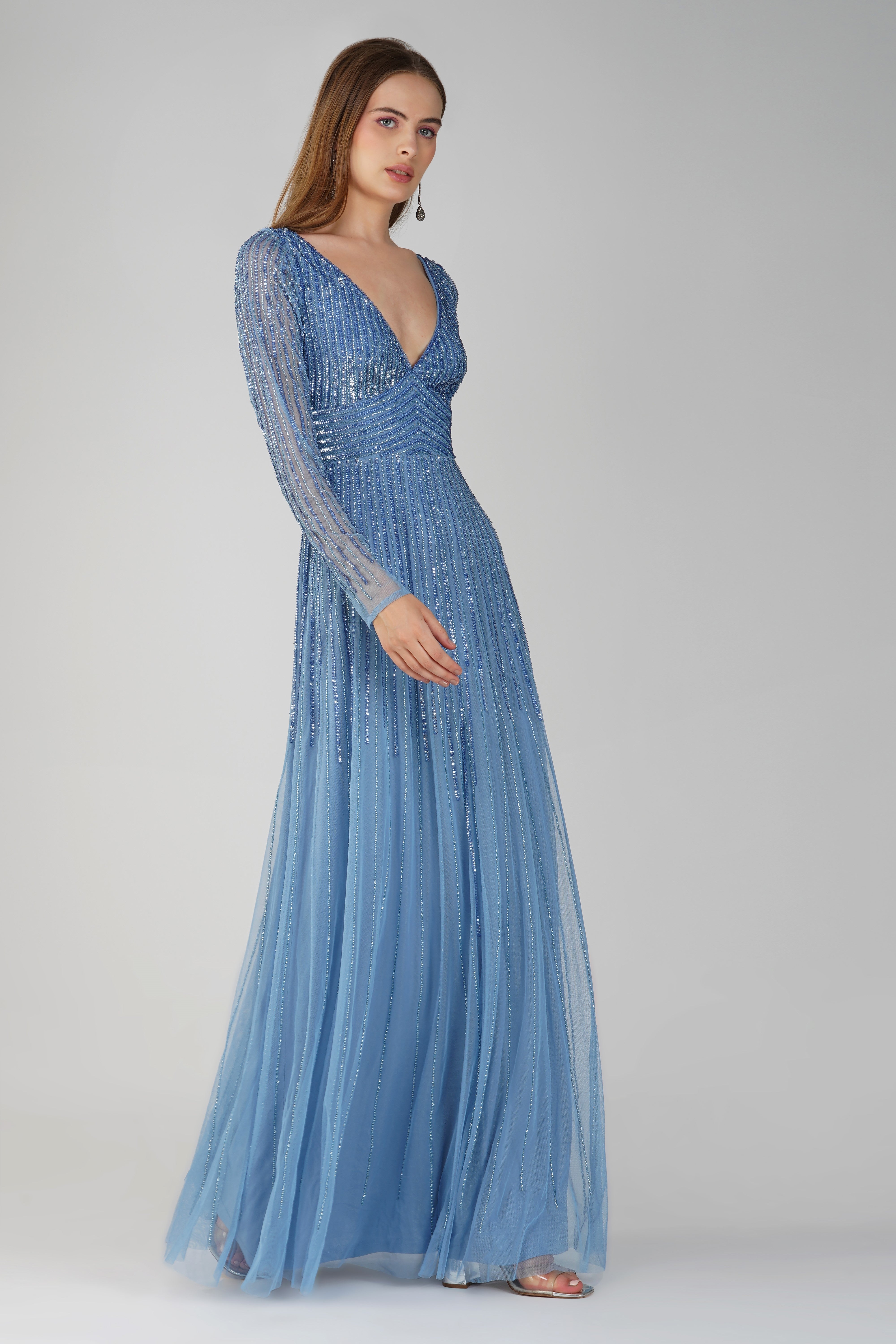 Laura Embellished Maxi Dress in Powder Blue - Elegant Floral Lace Evening Gown for Women, Perfect for Weddings, Prom, and Special Occasions