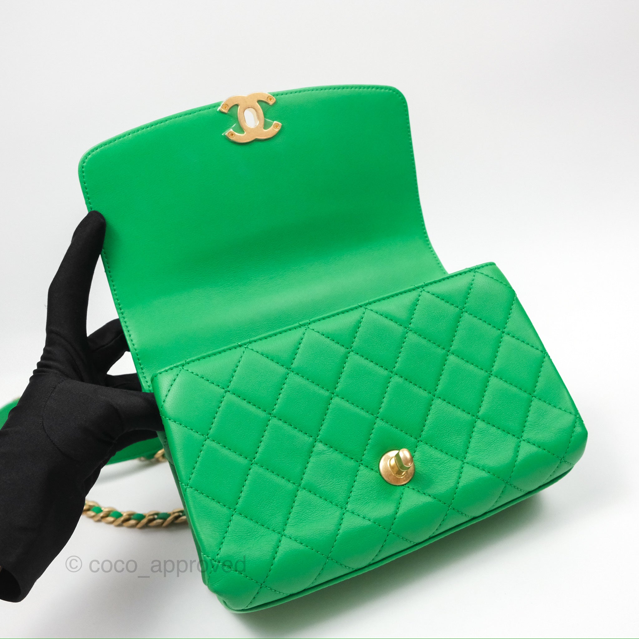 Chanel CC Quilted Flap Bag With Top Handle - Green Calfskin Leather Crossbody Bag with Gold Hardware | Luxury Designer Handbag for Women, Perfect for Date Night & Special Occasions