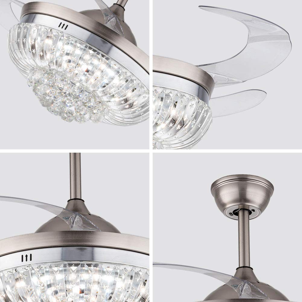 36/42-Inch Modern Invisible Retractable Ceiling Fan with LED Light - 3 Color Dimmable Crystal Chandelier Fan, 4 Retractable Blades for Living Room, Bedroom & Dining Room (36 inch Silver)