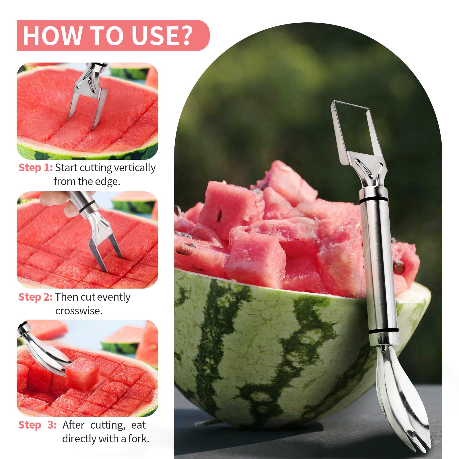 3-in-1 Stainless Steel Watermelon Slicer & Fruit Cutter Set with Fork, Spoon & Knife - Perfect for Camping, Picnics, BBQs & Outdoor Parties (1PC)
