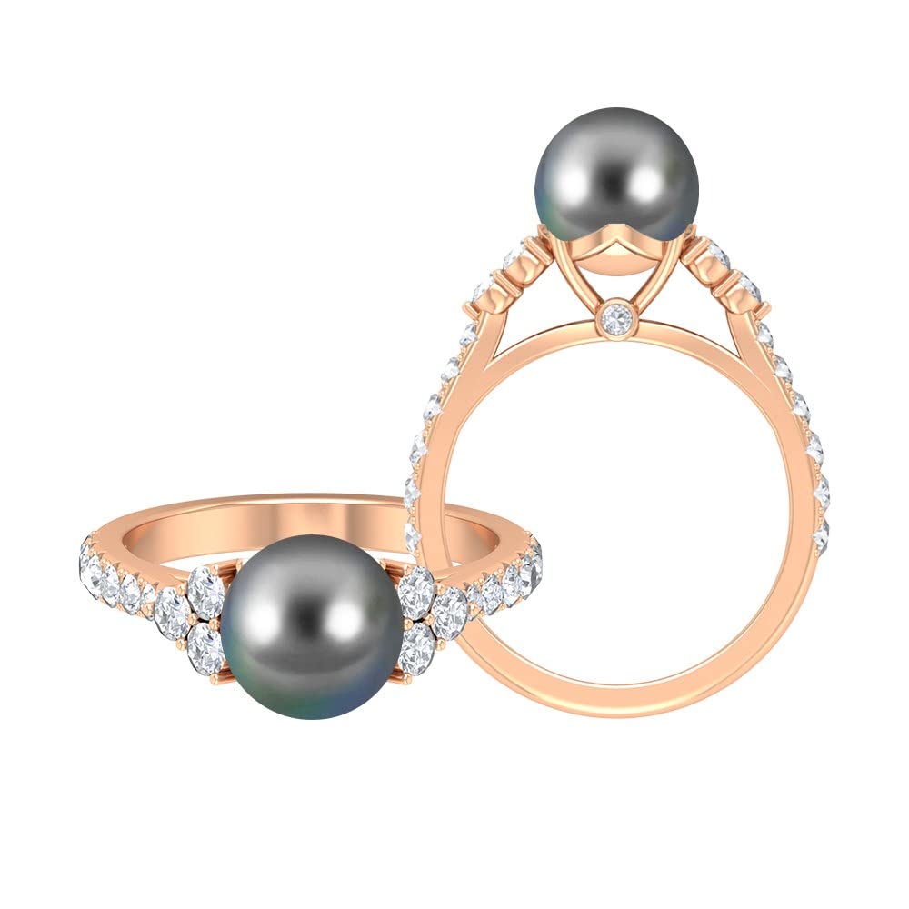 6 CT Tahitian Pearl & Moissanite Ring for Women - 14K Solid Gold Vintage Solitaire Pearl Ring - Natural Black Pearl Jewelry for Weddings, Anniversaries & Special Occasions