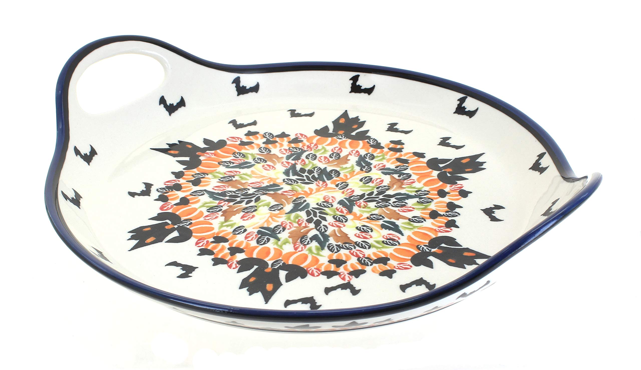Handmade Blue Rose Polish Pottery Haunted House Serving Tray with Handles - Halloween Party Decor, Gothic Home Decor, Unique Gift for Collectors