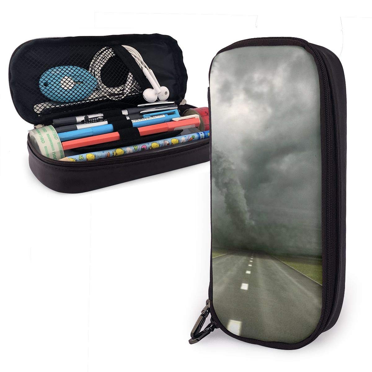 AKLID Tornado Storm Chaser PU Leather Pencil Case - Large Capacity Pen Organizer with Double Zipper & Elastic Belts, Durable School & Office Stationery Holder (1.5x3.5x8 inches) - Perfect for Students, Teachers & Professionals