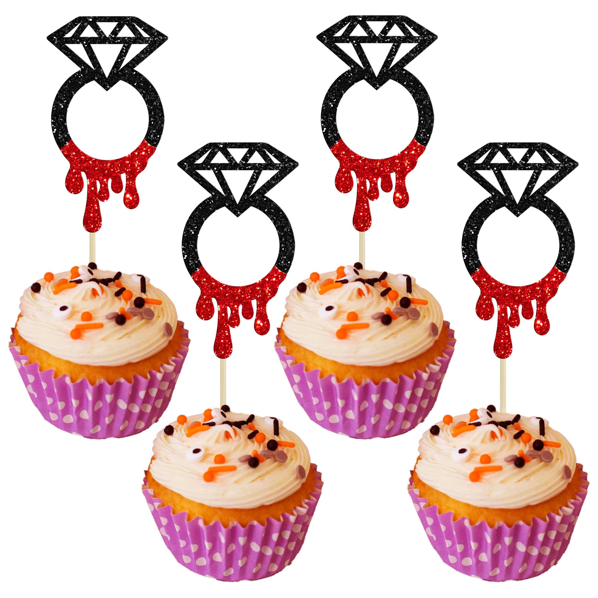 24Pcs Scary Halloween Cupcake Toppers - Horror Blood Diamond Ring Decorations for Gothic Bachelorette Party, Spooky Bridal Shower & Wedding - Perfect for Halloween, Birthday & Themed Events