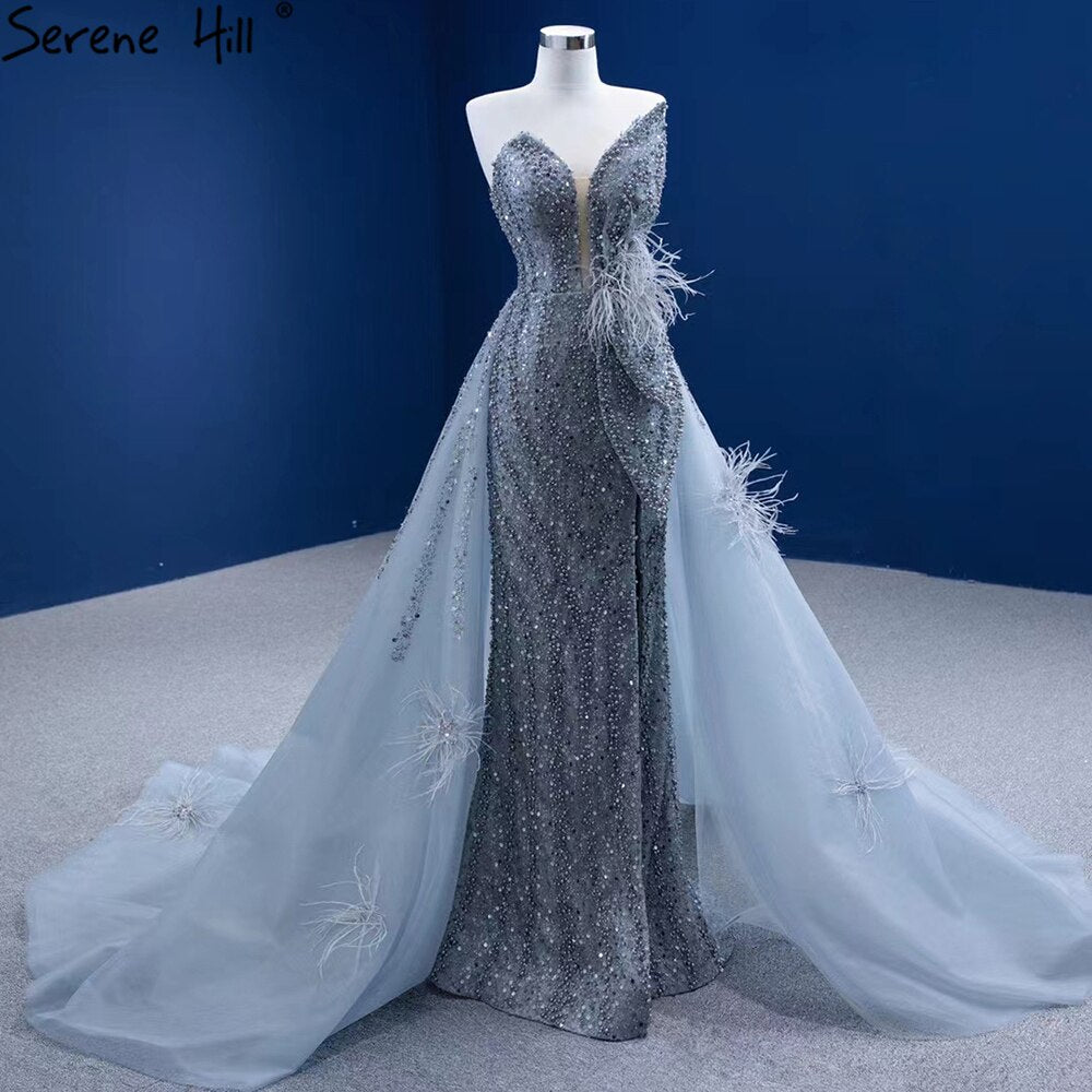 Elegant Grey Mermaid Evening Dress with Feather & Beaded Overskirt for Women - Serene Hill 2025 Collection | Perfect for Prom, Gala & Formal Parties (HM67340)