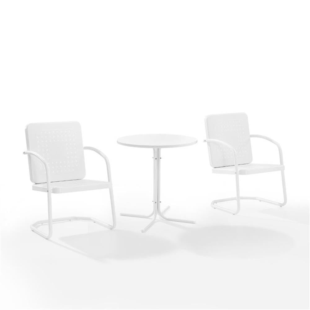 3-Piece White Gloss Metal Outdoor Bistro Set - Patio Dining Table and Chairs for Garden, Balcony, or Backyard Relaxation