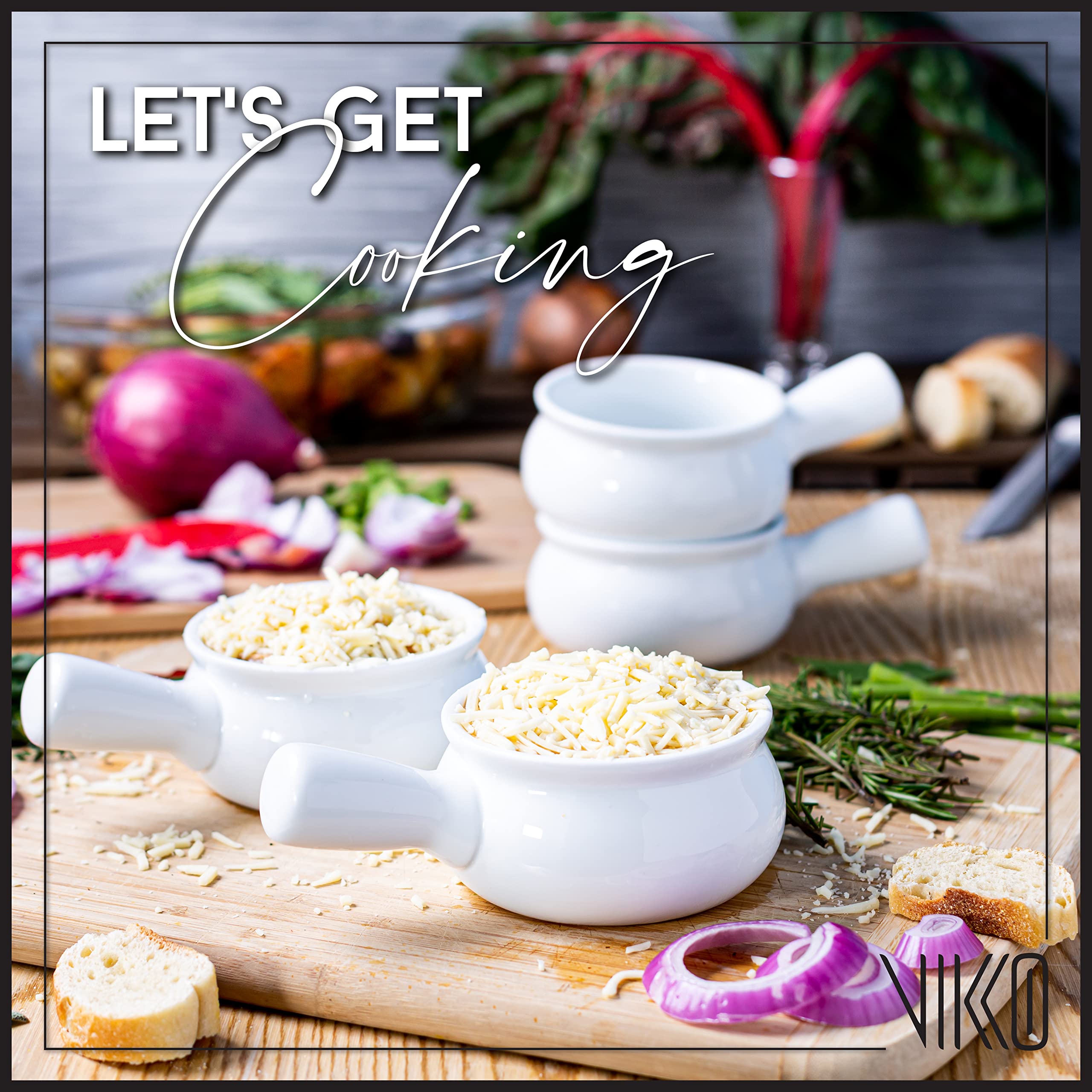 Vikko 10oz Porcelain Soup Bowls with Handles - Set of 2, Microwave & Oven Safe French Onion Soup Crocks - Perfect for Soups, Stews, Cereals & Baking (Dishwasher Safe)
