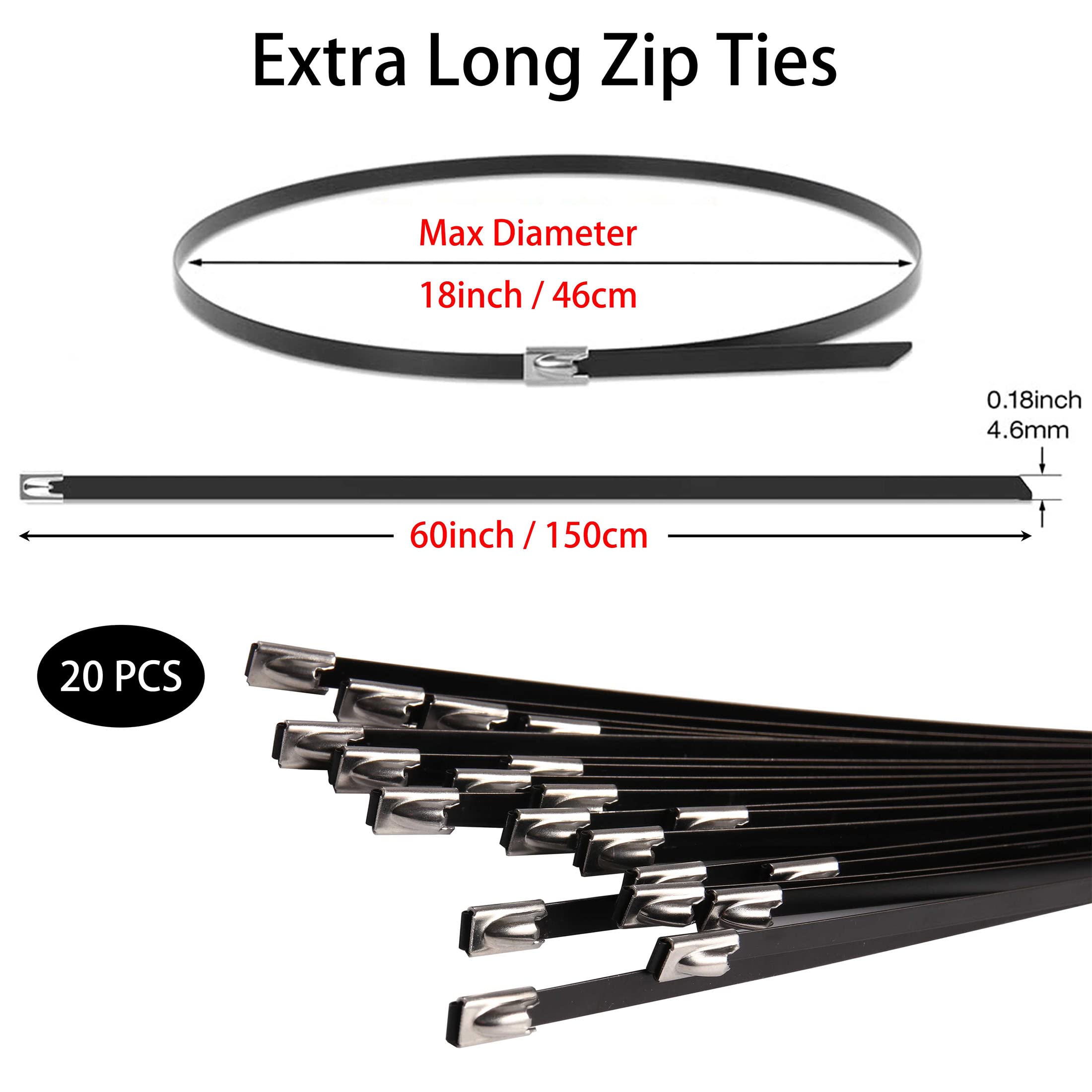 60 Inch Extra Long Heavy Duty Black Metal Zip Ties (20 Pack) - Premium Stainless Steel Epoxy Coated Self-Locking Cable Ties for Vehicles, Machinery, Outdoor Use - Secure Wiring, Bundling Cables & DIY Projects