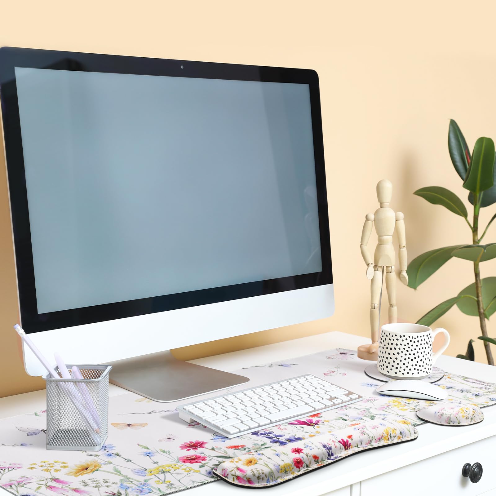 Saillong 4-Piece Floral Mouse Pad Set - Extra Large Wildflower Desk Mat, White Gaming Mouse Pad with Wrist Support for Women & Coworkers - Perfect for Office, Home & Gaming Setup