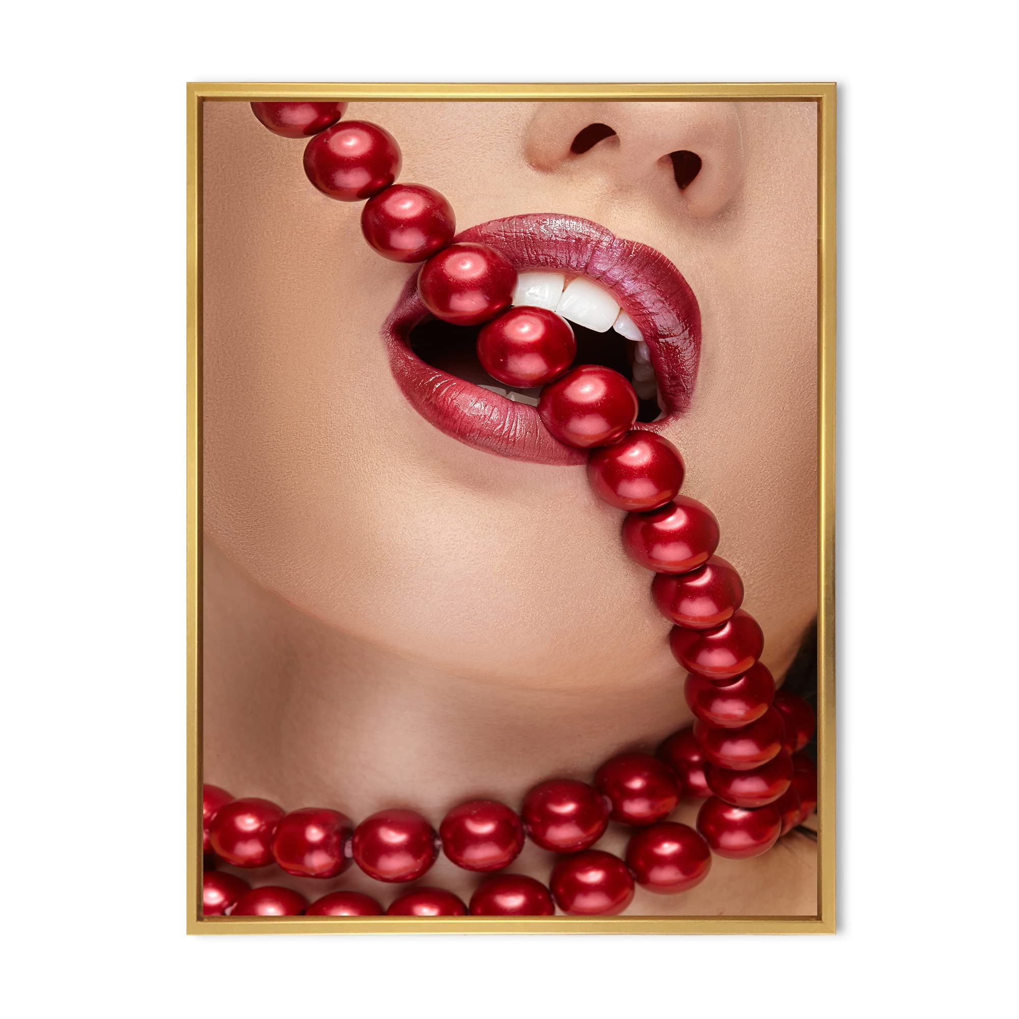 Modern Framed Canvas Wall Art Print - Woman with Red Lipstick Biting Pearls - Elegant Home Decor for Living Room, Bedroom & Office