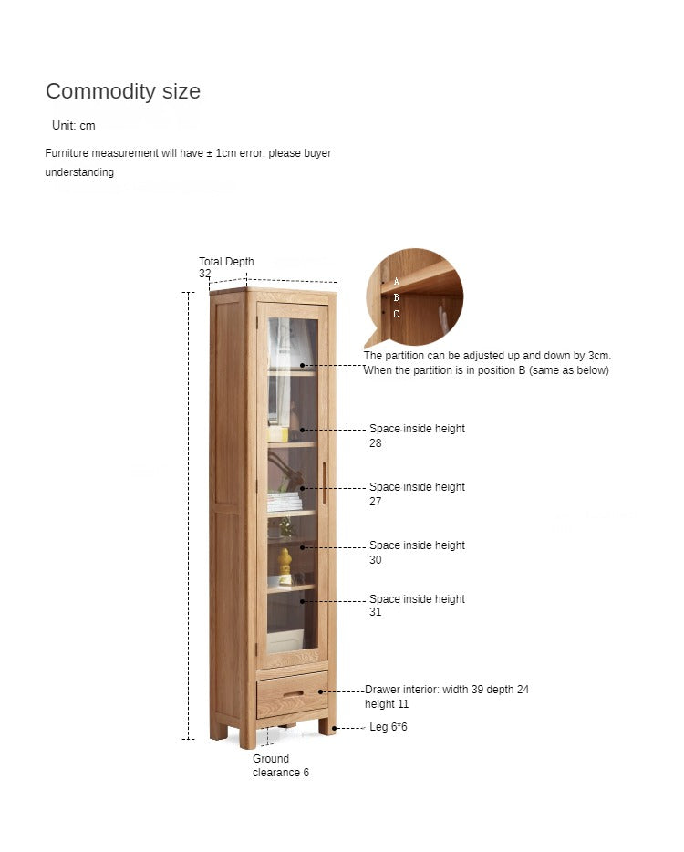 Solid Oak Wood Narrow Bookcase with Doors - Stylish Storage for Books, Decor & Small Spaces | Perfect for Living Room, Office or Bedroom Organization