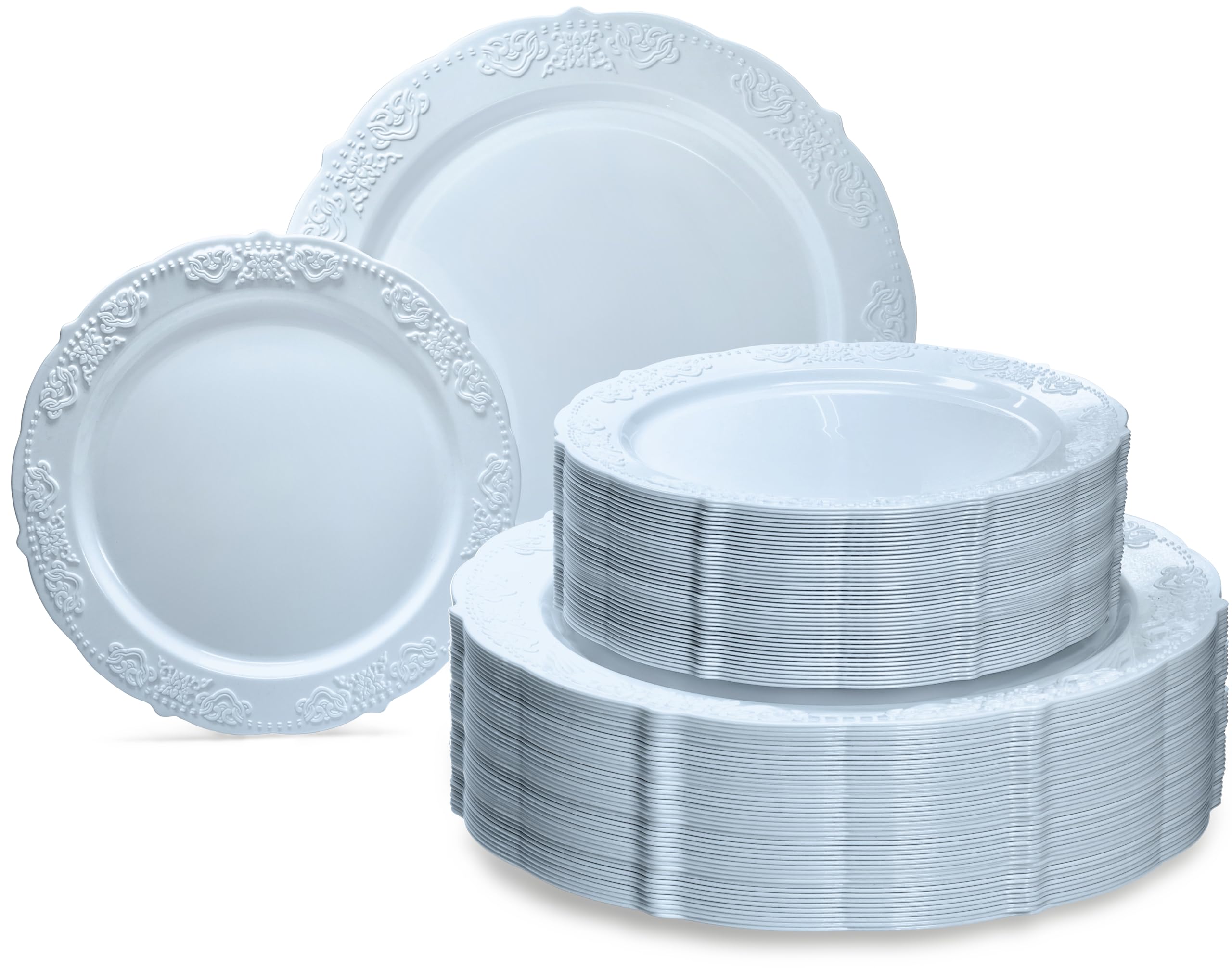 240-Pack Vintage Disposable Plastic Plates Set for 120 Guests - 10.25'' Dinner Plates & 7.5'' Salad/Dessert Plates (Portofino Plain Blue) - Perfect for Weddings, Parties, BBQs, and Outdoor Events
