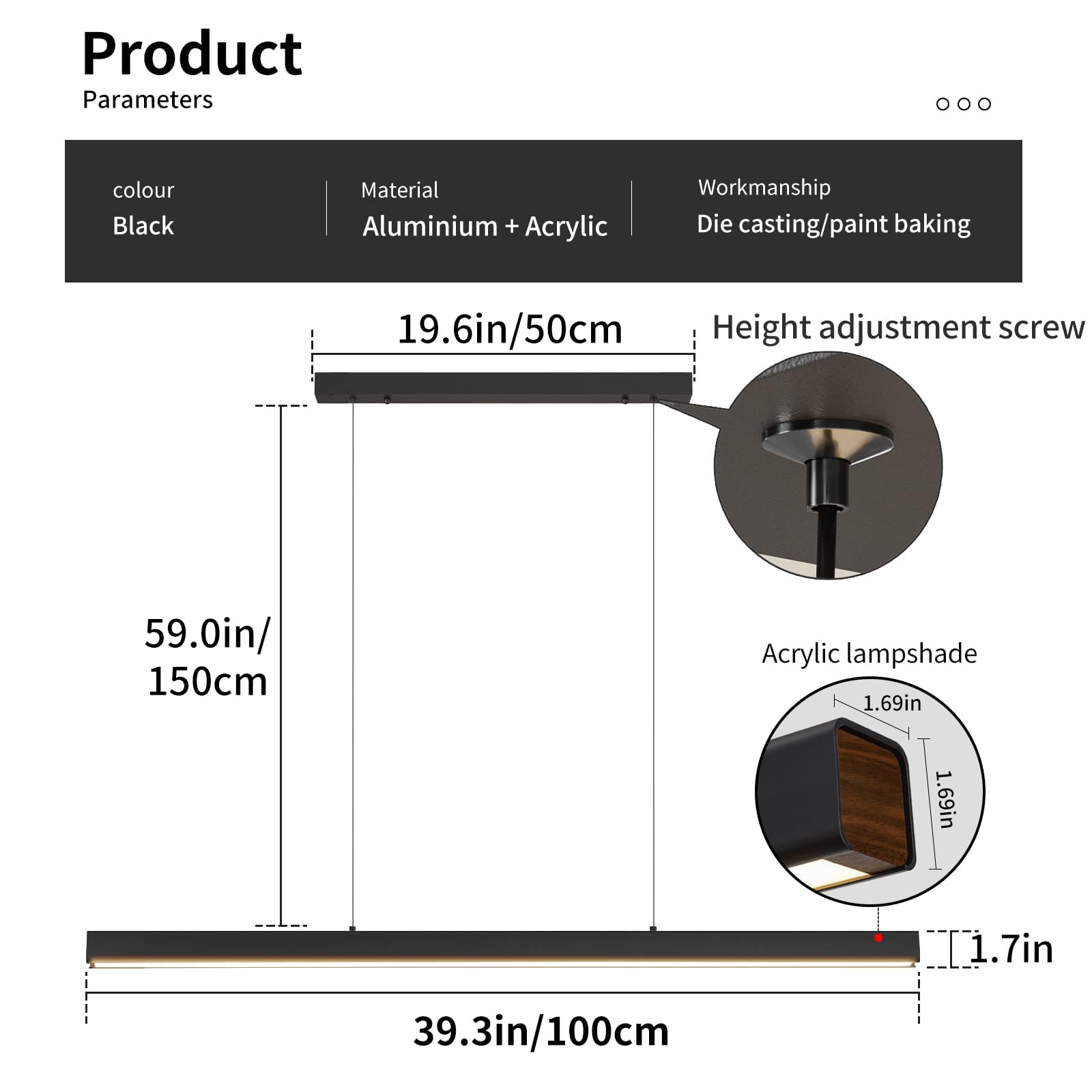 Mikeru 100CM Modern Linear LED Pendant Light - Dimmable Kitchen Island Lighting with Remote Control (3000K/4500K/6500K) for Dining Room, Pool Table & Home Decor | Energy Efficient Hanging Light Fixture for Modern Interiors