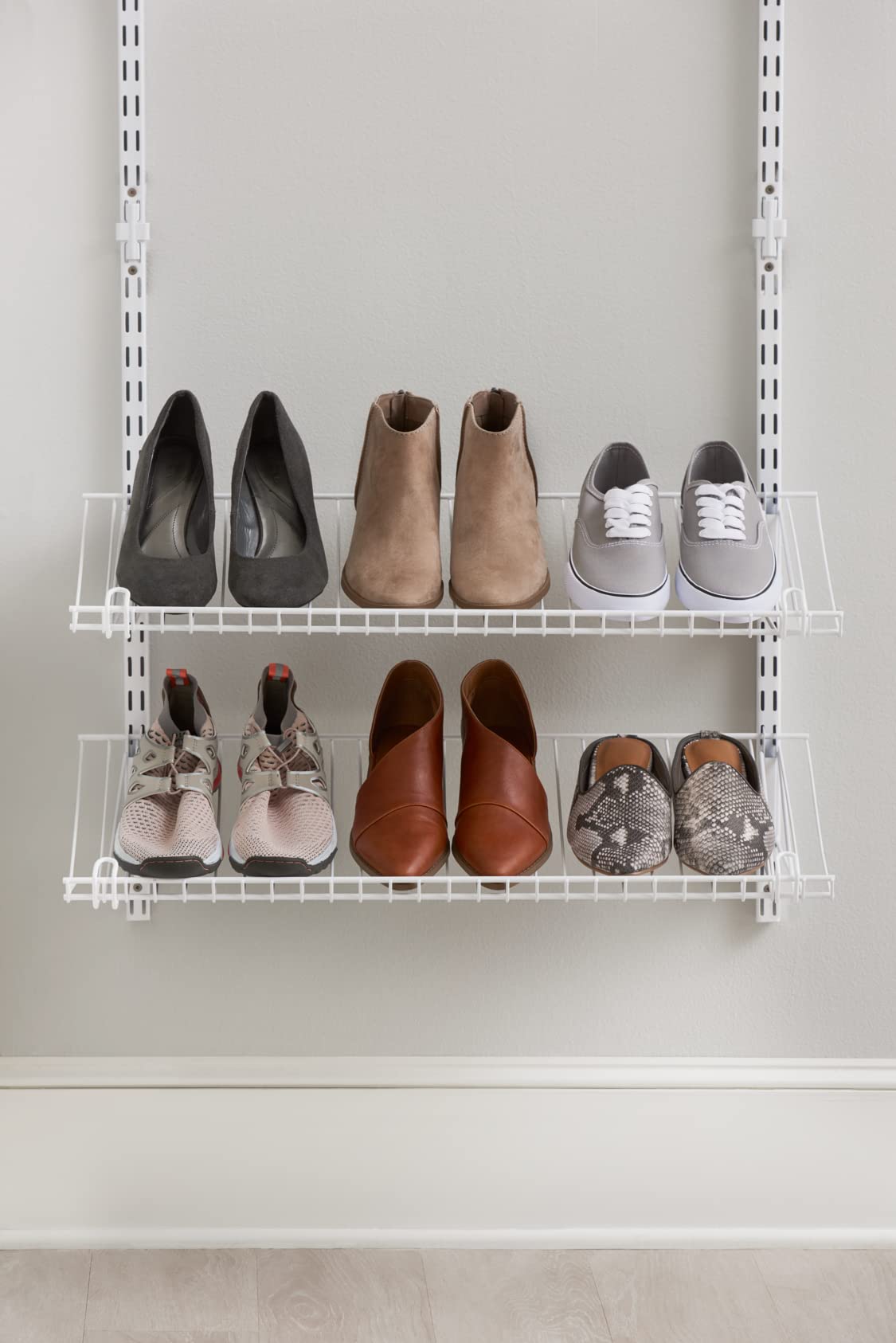 Rubbermaid Customizable Wall Mount Shoe Organizer Shelf - White - Space Saving Storage for Shoes, Hats, Bags - Perfect for Closet, Bedroom, Laundry Room, Entryway Organization