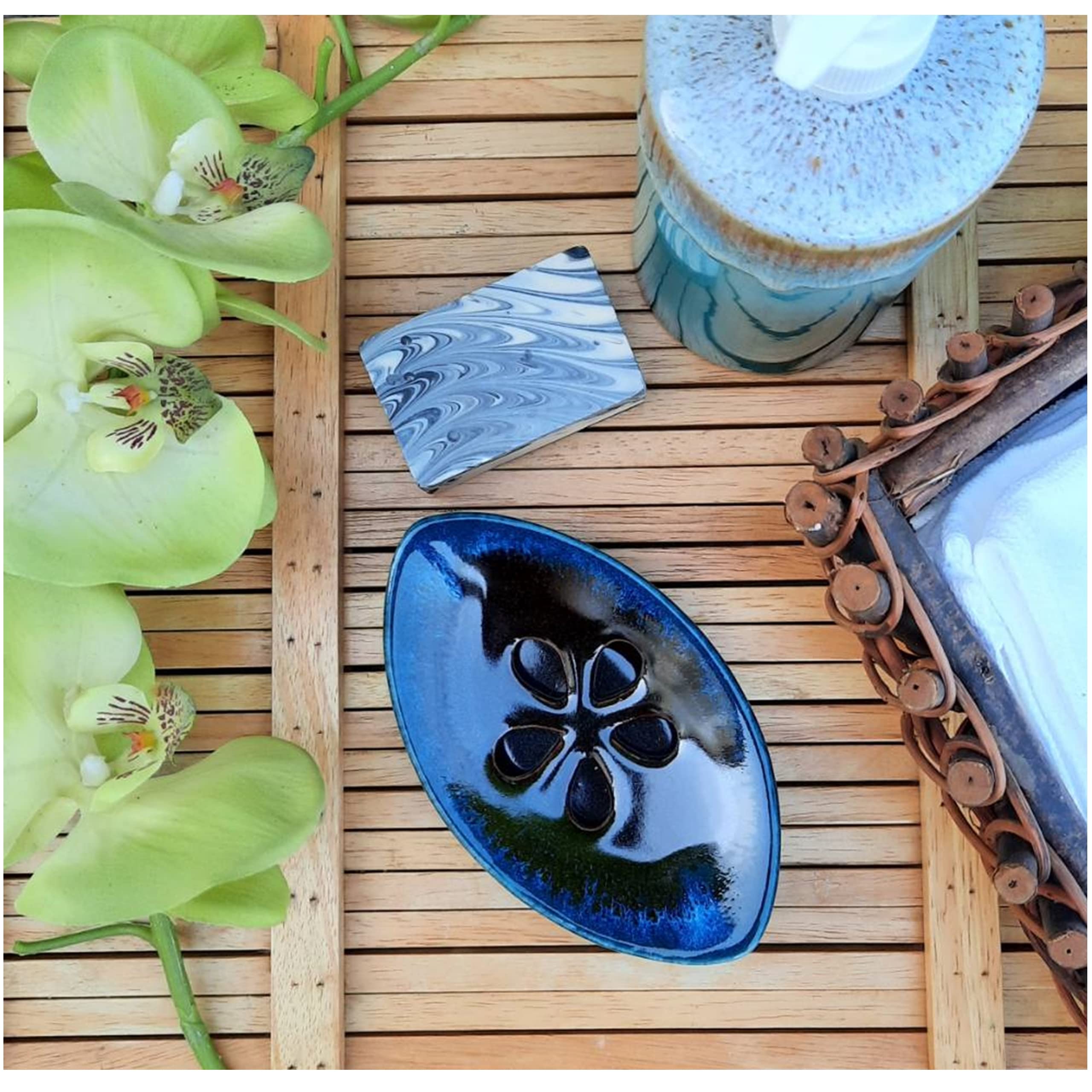Black Ceramic Soap Dish with Self Draining Tray - Bar Soap Holder for Bathroom, Kitchen & Shower - Elegant Countertop Organizer for Home, Spa, and Hotel Use