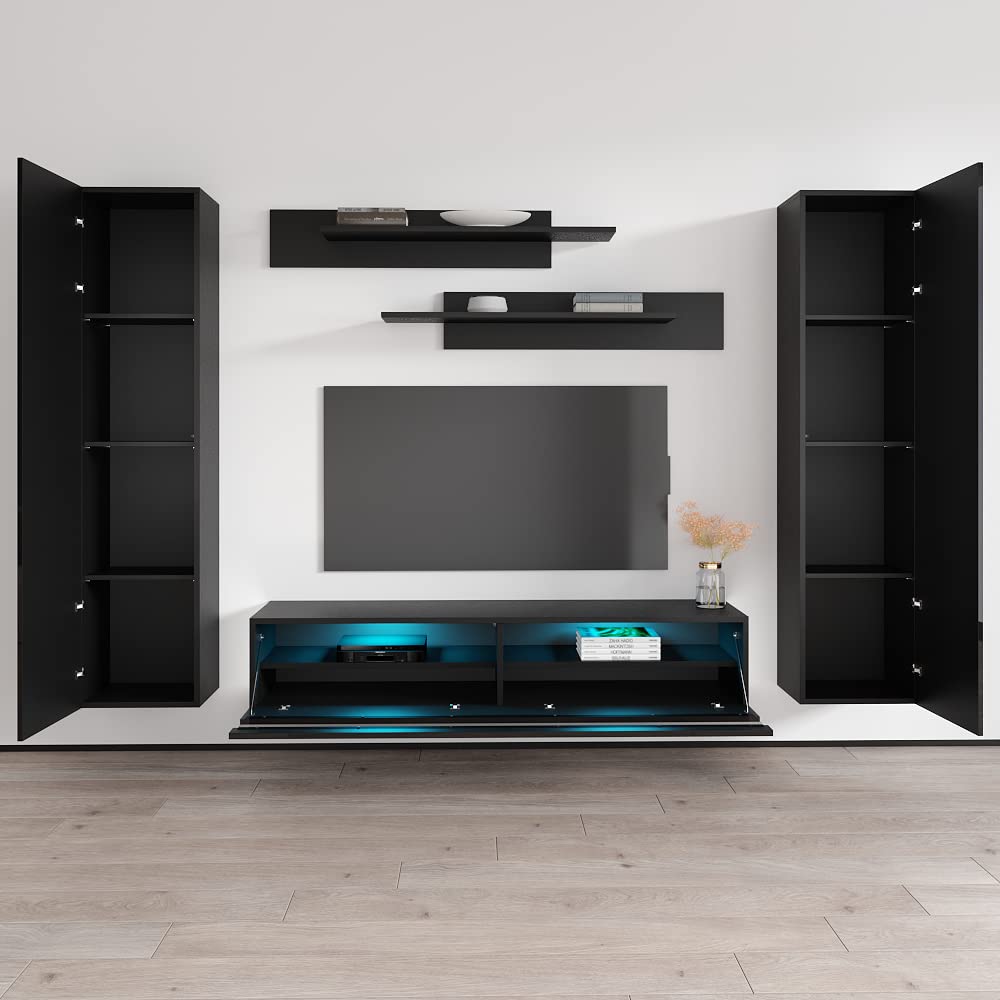 Modern Floating TV Stand with Storage & LED Lights - Wall-Mounted Entertainment Center for Living Room & Bedroom - 35 Inch TV Console with Shelves - Black - Perfect for Small Spaces & Home Theater Setup