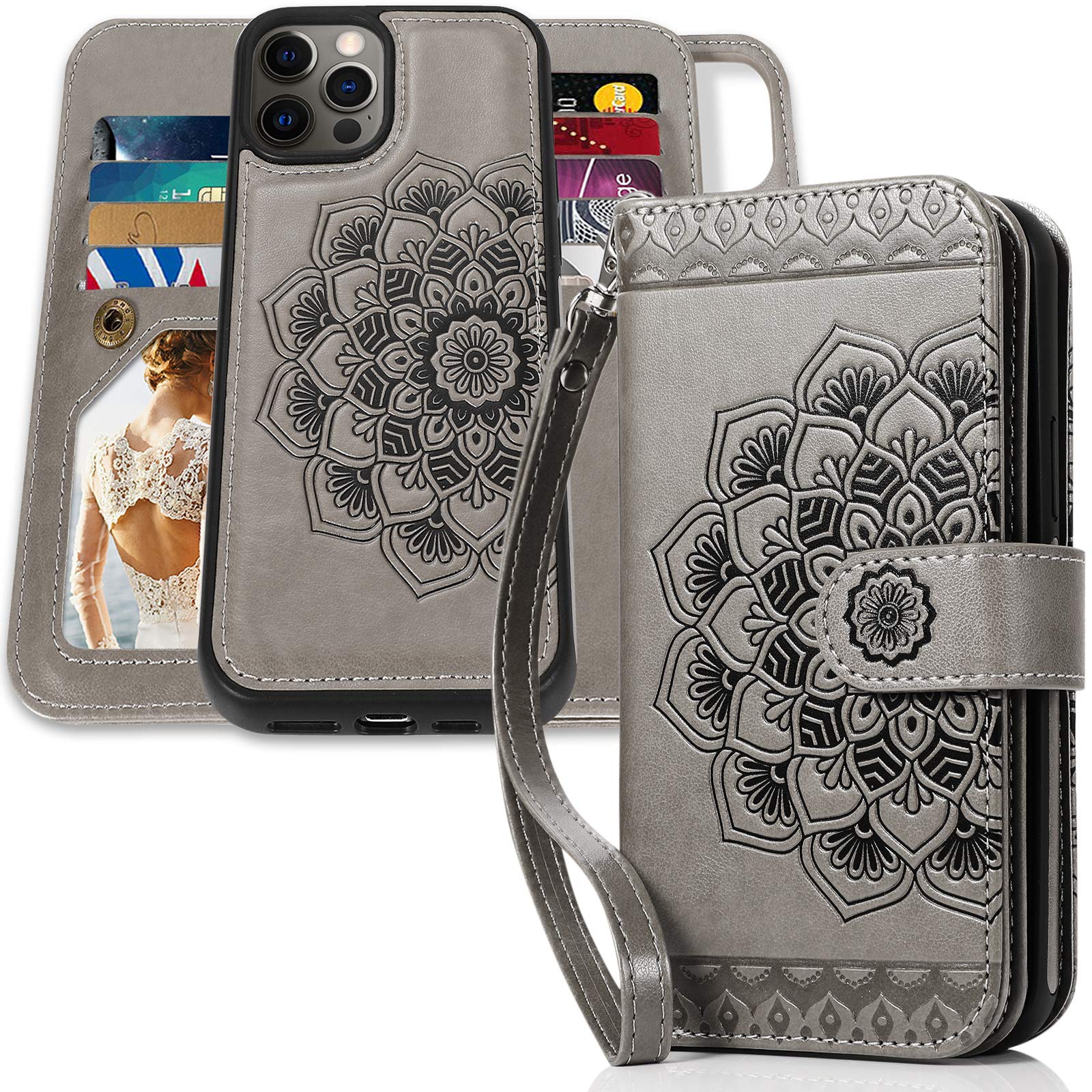 CASEOWL iPhone 13 Pro Wallet Case for Women - Detachable Mandala Embossed Leather Flip Cover with 9 Card Slots & RFID Blocking - Wristlet Strap - Full Body Protection (Gray) | Perfect for Travel, Shopping & Everyday Use