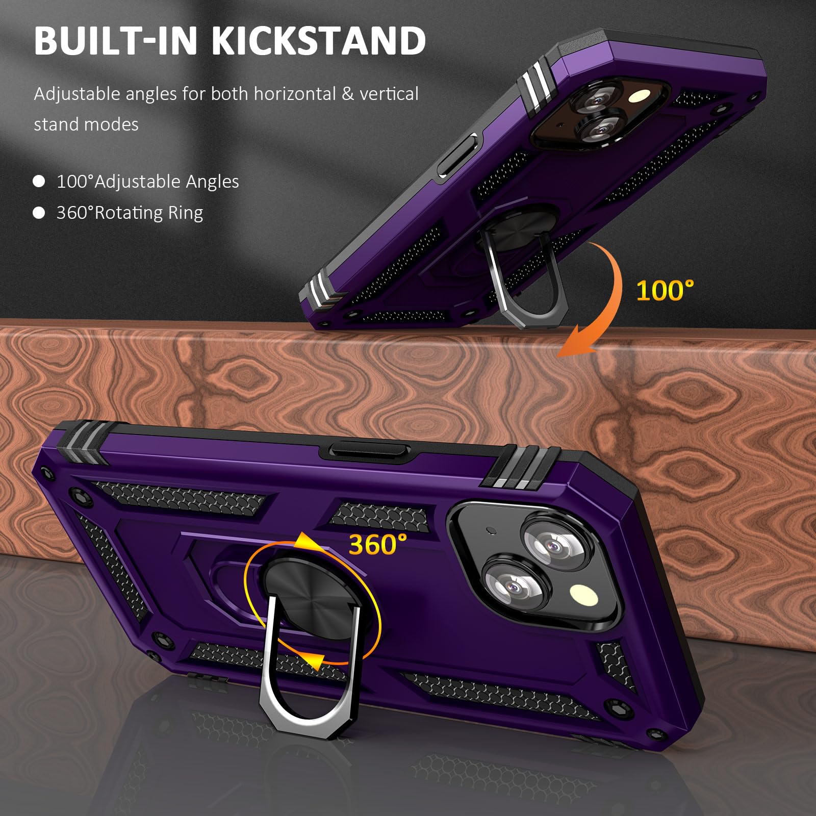 ADDIT iPhone 13 Case with Stand Ring & Magnetic Car Mount - Military Grade Heavy Duty Protective Phone Cover for Women (Purple) - Perfect for Work, Travel & Everyday Use