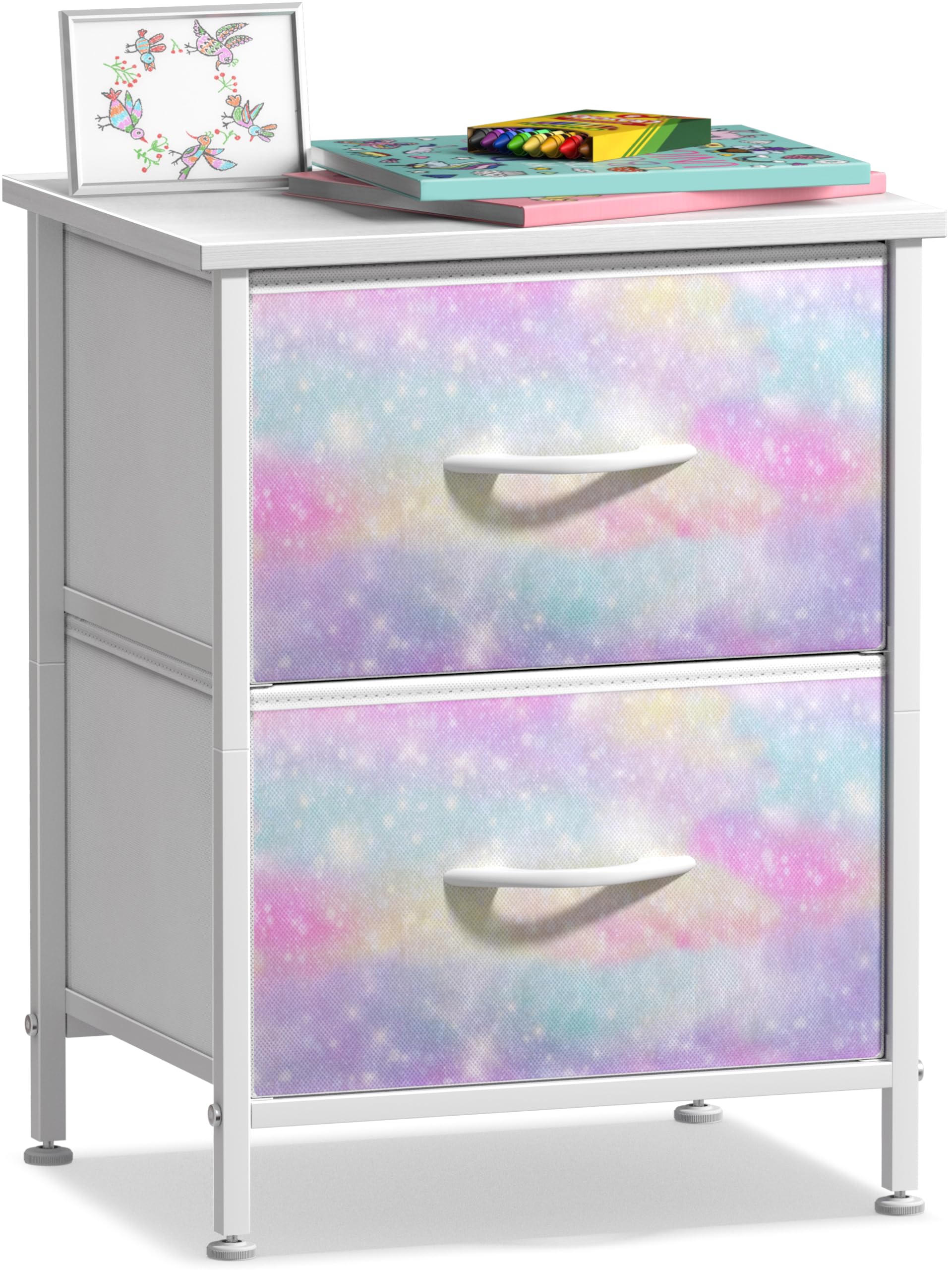 Sorbus Kids Dresser with 2 Drawers - Sturdy Steel Frame & Wood Top Storage Organizer with Tie-Dye Fabric Bins - Perfect for Clothes, Toys & Nursery Essentials - Ideal for Bedroom, Hallway, Closet & Small Apartment Organization