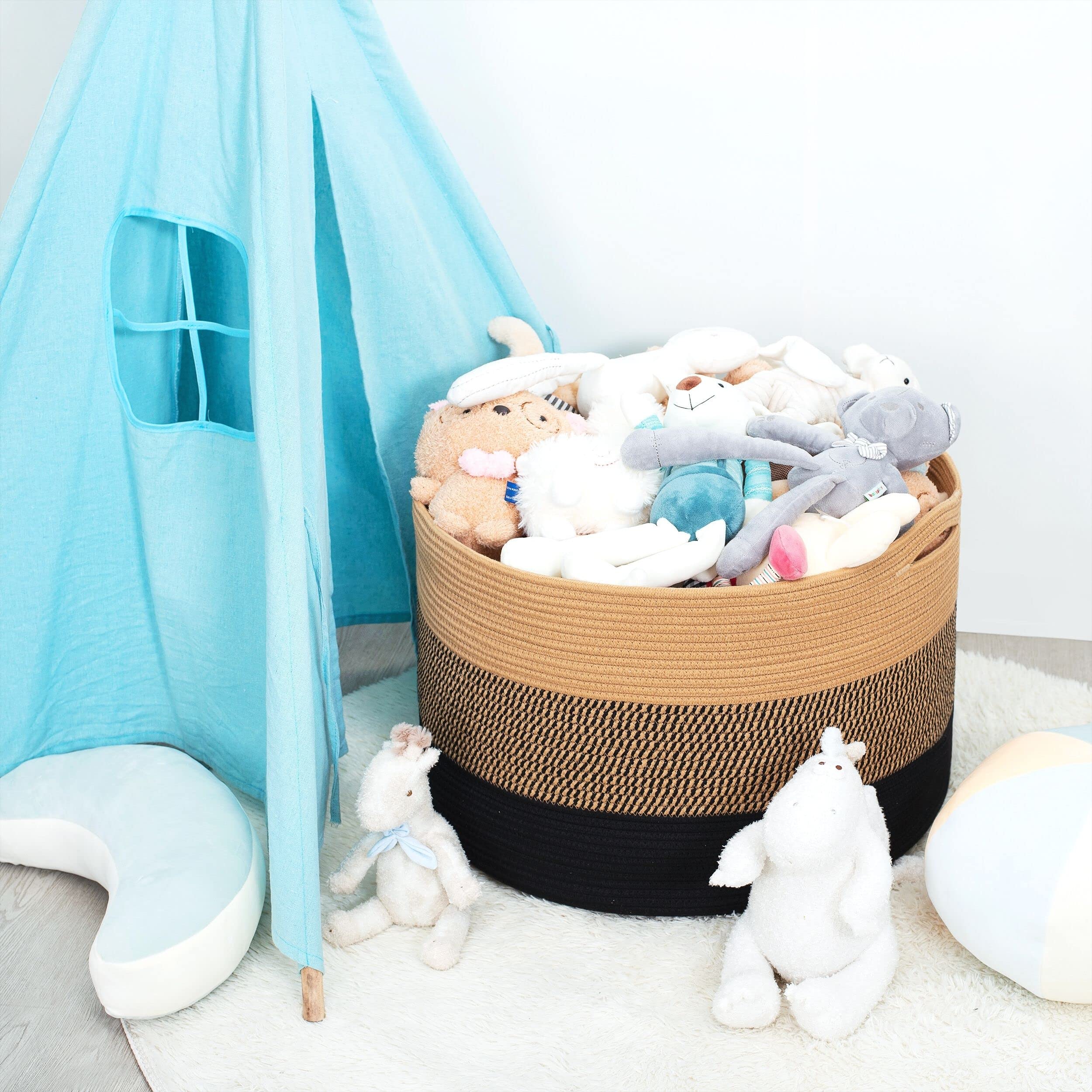 MINTWOOD Extra Large 22x14 Inch Woven Cotton Rope Storage Basket - Blanket Organizer, Laundry Hamper, Toy Bin for Living Room, Bedroom & Nursery - Decorative Black Jute Basket for Home Organization