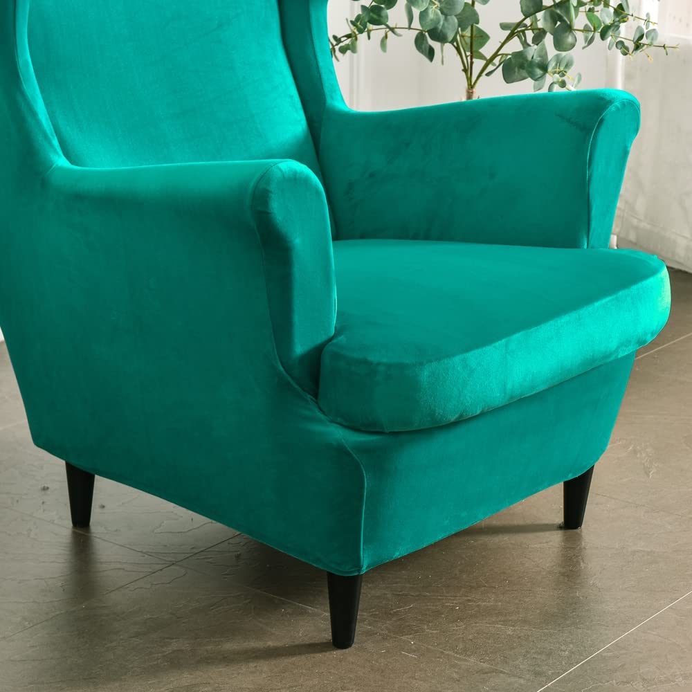 Velvet Stretch Wingback Chair Cover 2-Piece Set with Cushion Cover - Soft Washable Armchair Slipcover for Living Room & Bedroom - MIFXIN Furniture Protector (Green) | Perfect for Home Decor, Reading Nook & Cozy Spaces
