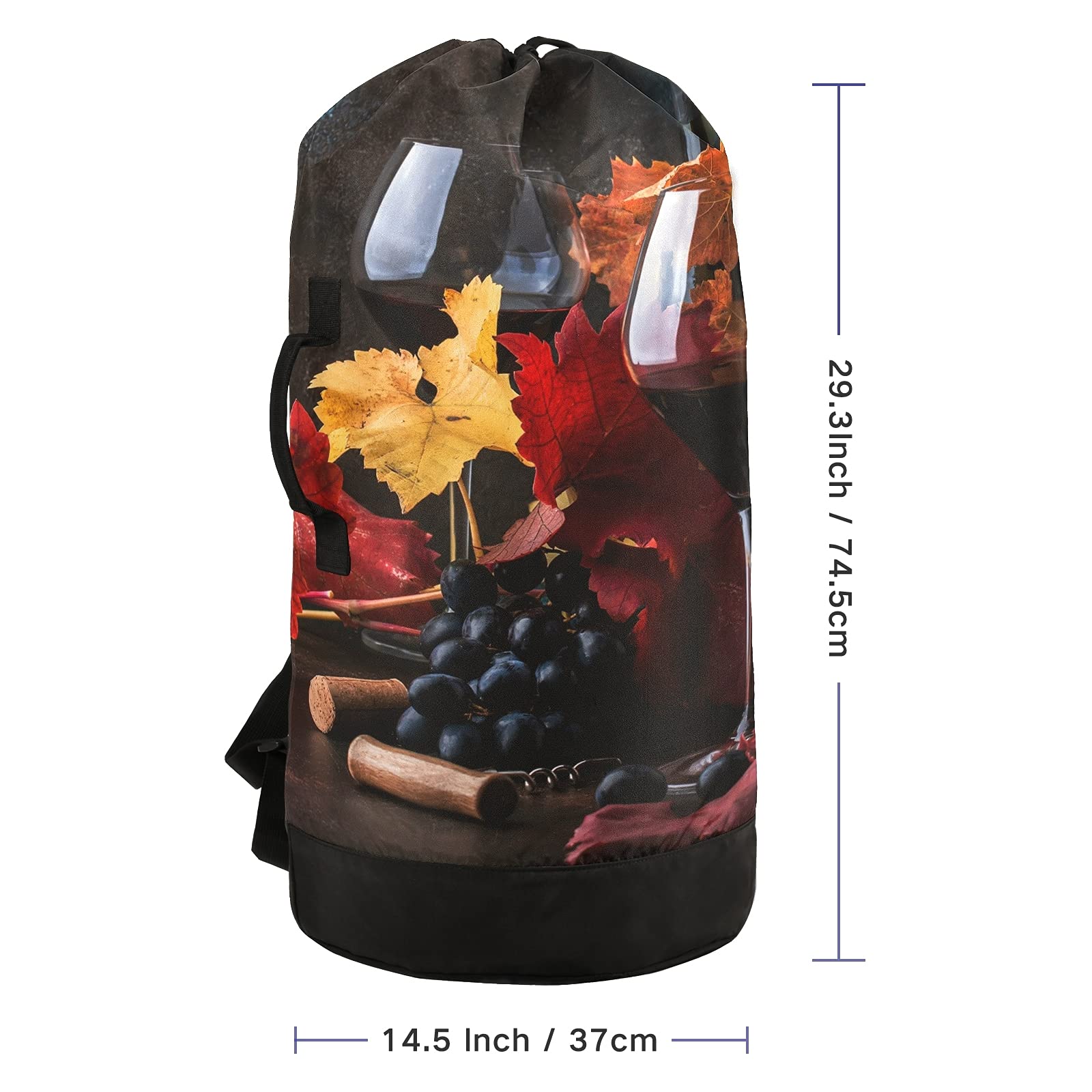 Rustic Style Autumn Fallen Leaves Wine Glass Print Laundry Bag - Adjustable Shoulder Straps & Drawstring Closure, Dorm Travel Hamper Basket for Dirty Clothes, Toy Storage (Perfect for College Dorm, Camping Trips & Laundry Room Organization)