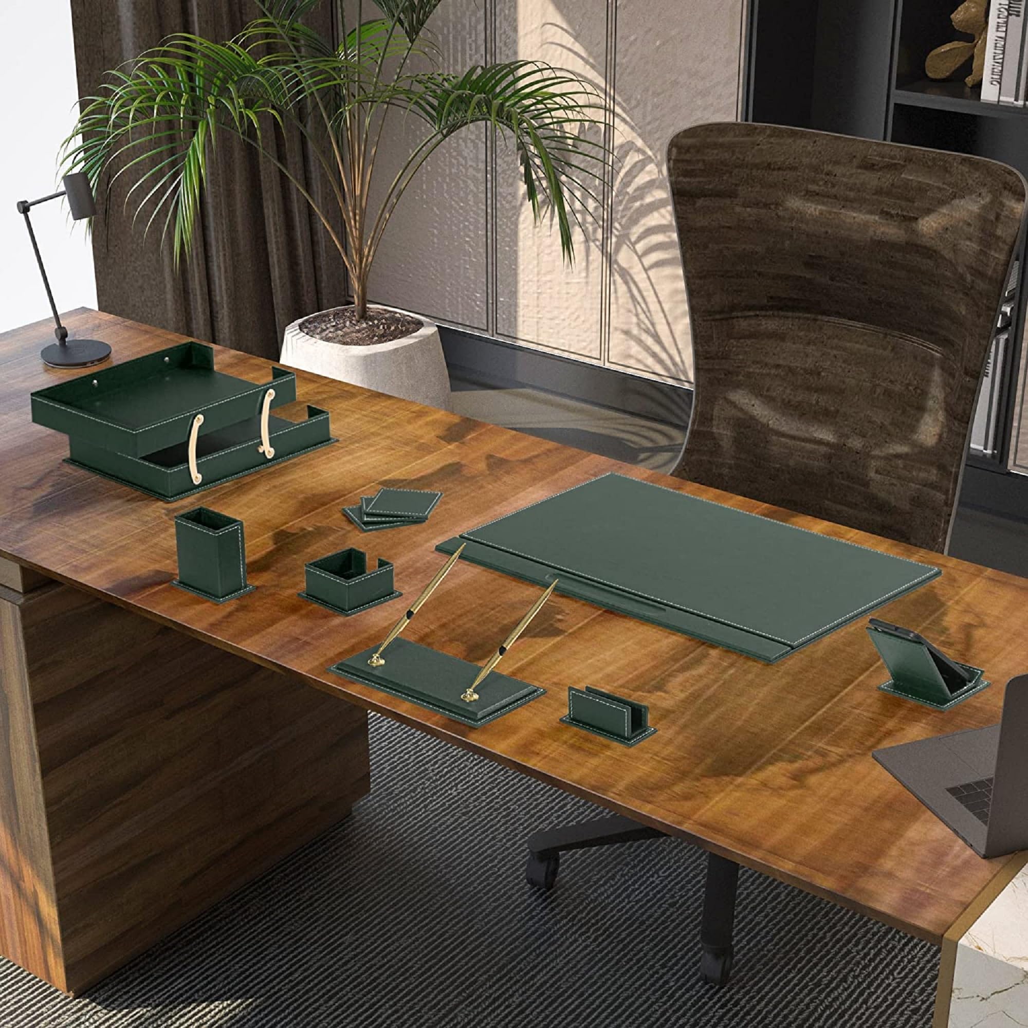 Premium Bonded Leather Desk Pad Set - Green Office Desk Organizer with Pen Holder & Accessories for Home & Office Workspace Organization