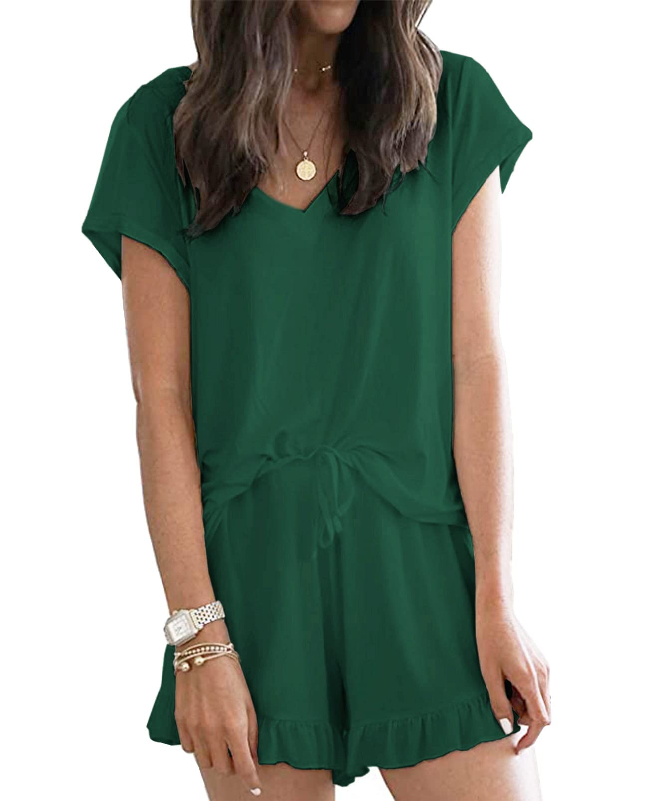 LuckyMore Women's Soft Short Sleeve V-Neck Pajama Set with Lounge Shorts - Breathable Sleepwear for Summer Nights & Cozy Home Relaxation