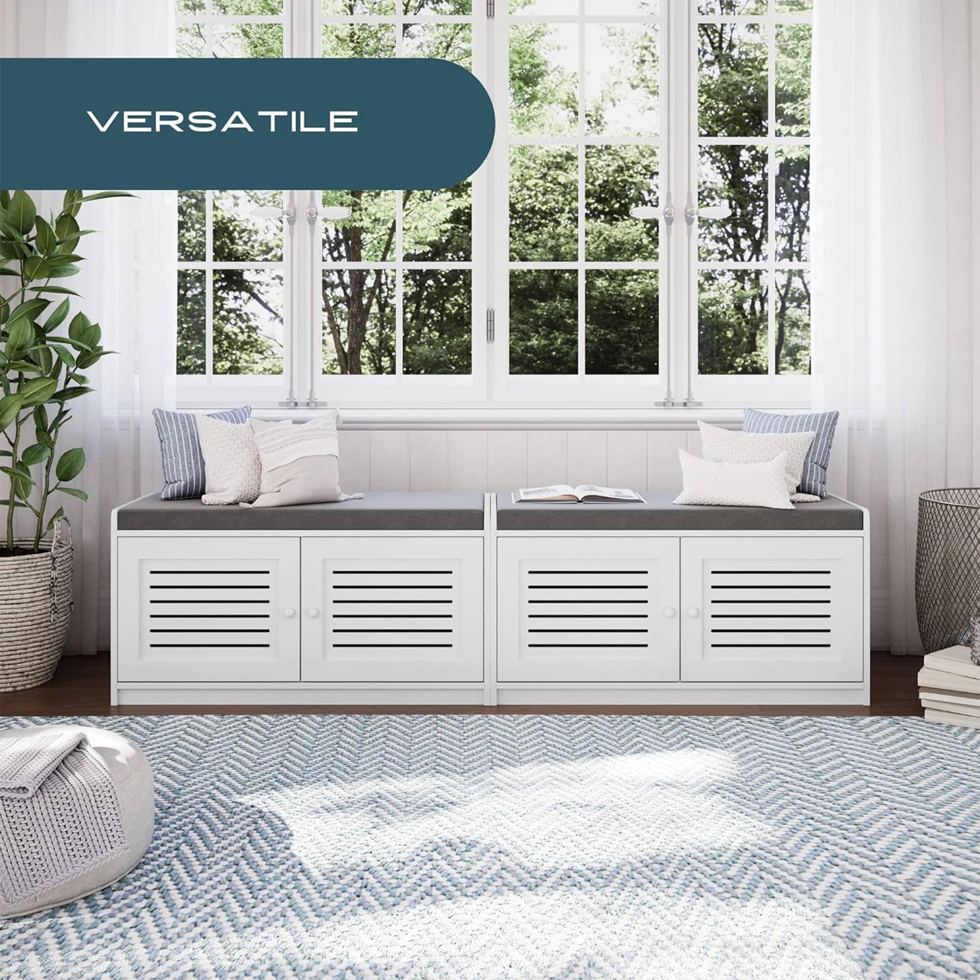 White Wooden Shoe Storage Bench with Cushioned Seat & Adjustable Shelves - 2 Pack Entryway Organizer for Living Room, Bedroom, Hallway (Perfect for Small Space Organization & Shoe Display)