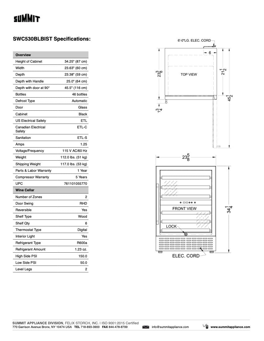 SUMMIT 24-Inch Undercounter Built-In Wine Cooler Refrigerator - SWC530BLBIST - Perfect for Kitchen, Bar, or Dining Room Wine Storage