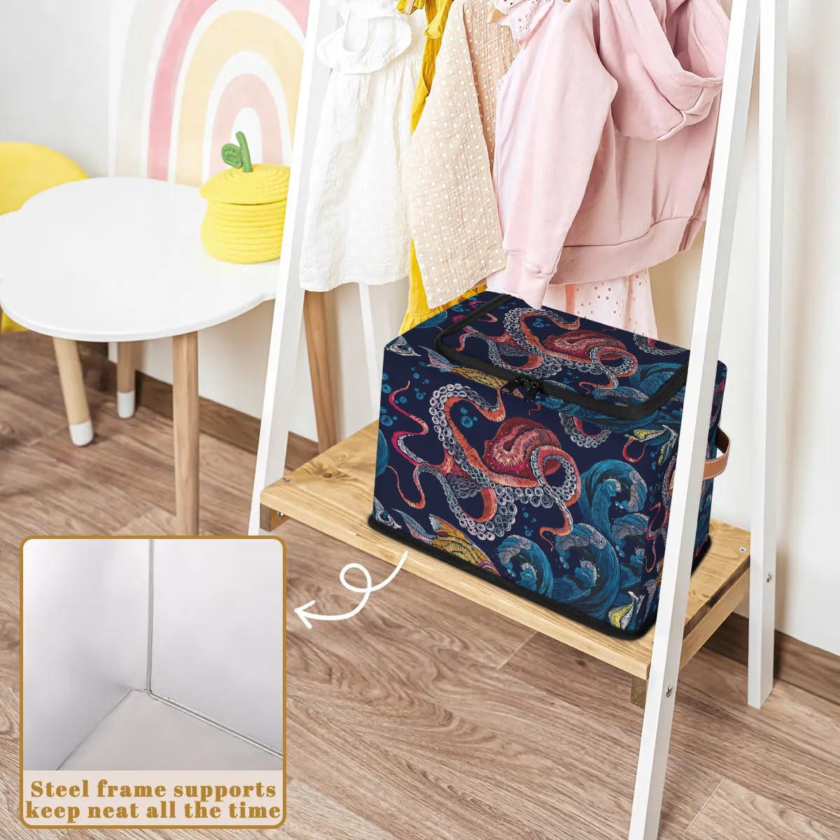 2-Pack Stackable Underbed Storage Bins with Zipper Lid & Metal Frame - Octopus Design PU Handled Closet Organizer for Clothes, Toys & Seasonal Items | Perfect for Bedroom, Dorm & Small Space Organization