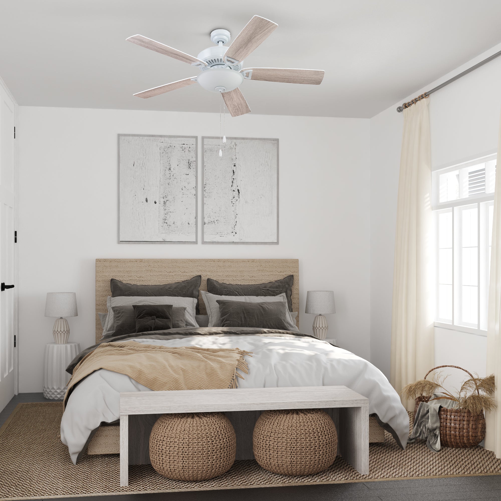 52 Inch White Montlake Ceiling Fan with Pull Chain - Perfect for Living Room, Bedroom, and Outdoor Patio Cooling