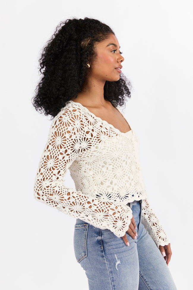 Elegant Ivory Crochet Cardigan for Women - Long Sleeve Lace Knit Sweater | Perfect for Weddings, Date Nights & Fall Layering
