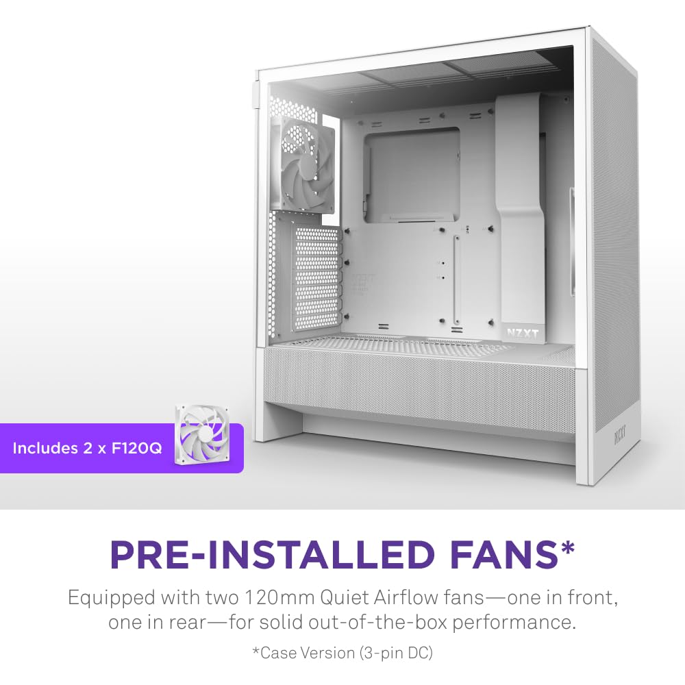 NZXT H5 Flow 2024 Compact ATX Mid-Tower PC Gaming Case - High Airflow Design with 2 x 120mm Fans - Supports 360mm Front & 240mm Top Radiators - Premium Cable Management & Tempered Glass Panel - Sleek White Finish - Perfect for Gaming Rigs, Streaming Setups & Workstation Builds