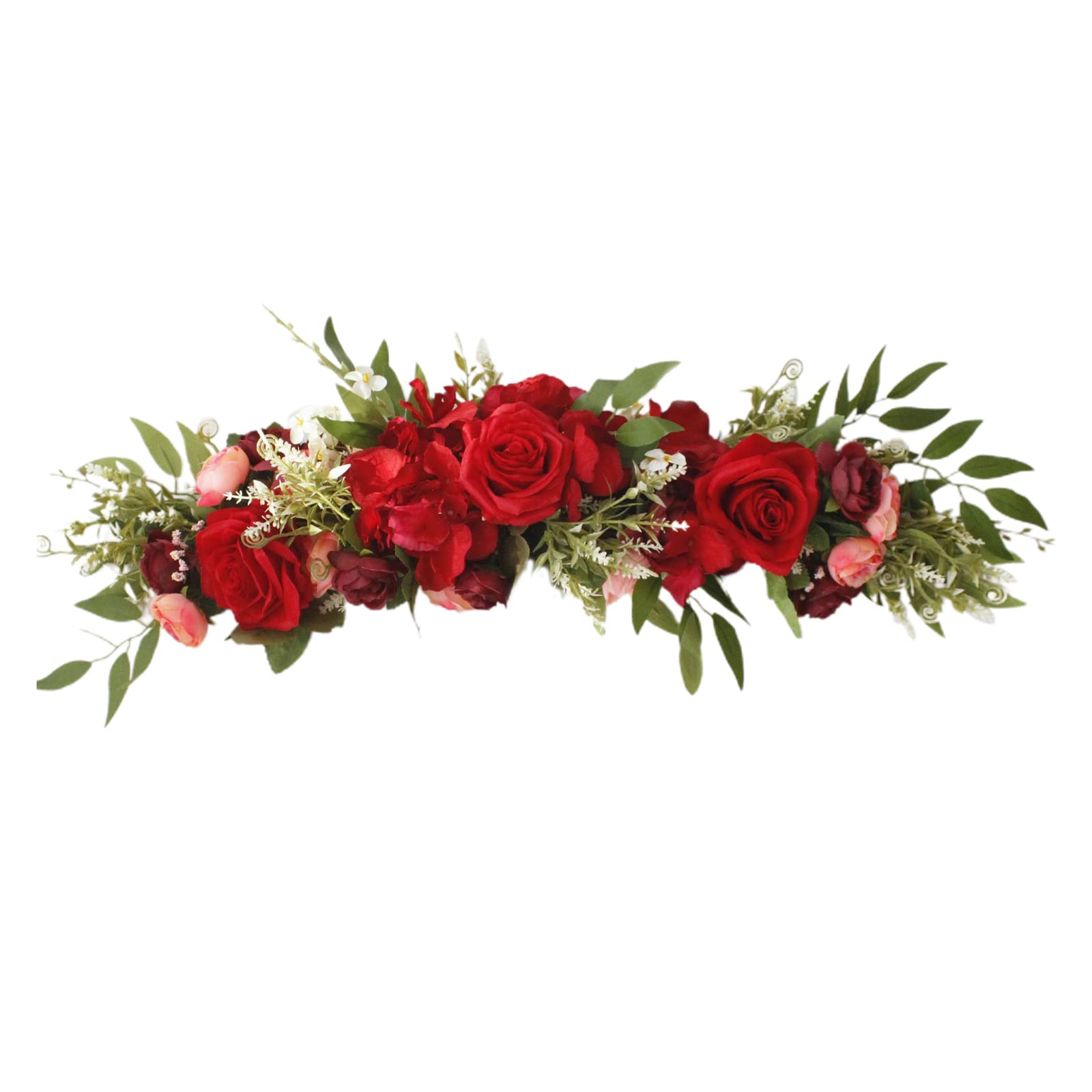 25.6in Artificial Peony & Silk Rose Floral Swag with Hydrangeas and Eucalyptus Leaves - Wedding Arch Flowers for Lintel Decor, Spring Front Door Wreath, Bridal Shower & Home Decoration - Red