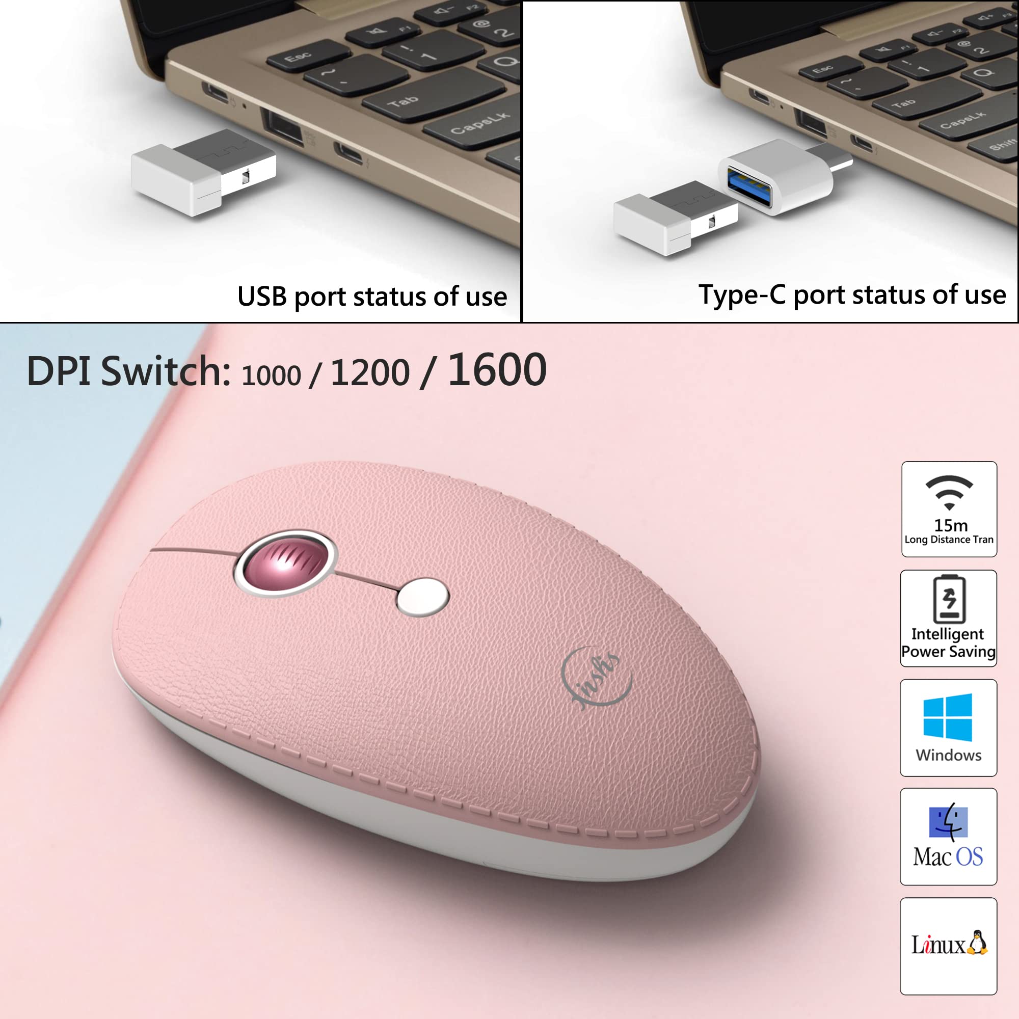 Premium 2.4G Wireless Mouse for Laptop - Ergonomic Aluminum Alloy Computer Mouse with 3 Adjustable DPI Levels & Luxury Leather Finish in Pink - Perfect for Office, Gaming, and Travel Use
