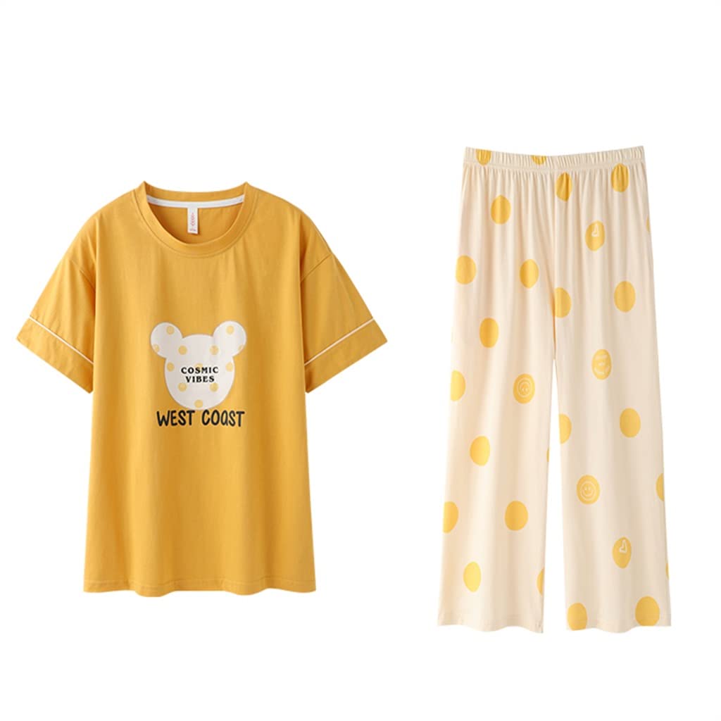 Women's Summer Pajama Set - Soft Cotton Short Sleeve Top & Cropped Pants, Breathable & Comfortable Homewear (Yellow, XXXL) | Perfect for Lounging, Sleeping & Relaxing at Home