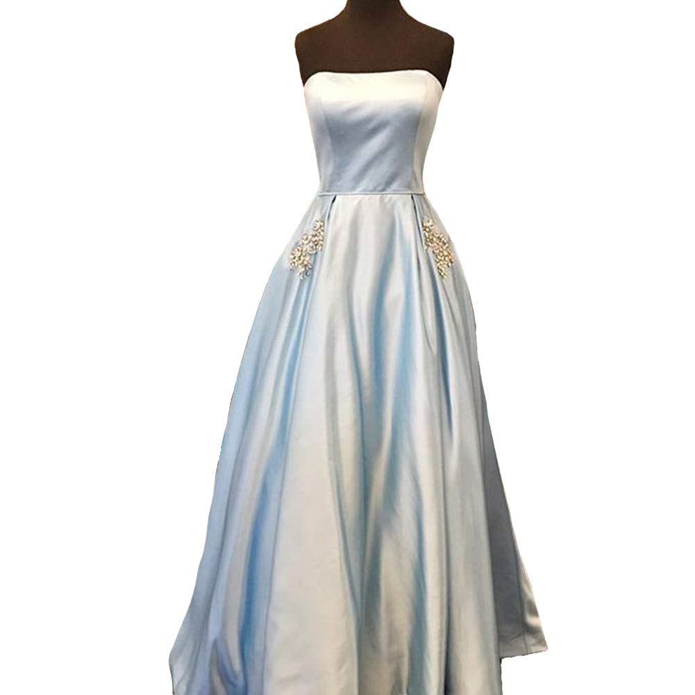 Elegant Strapless Beaded Satin Prom Dress with Pockets - Women's Formal Evening Gown for Homecoming, Wedding & Special Occasions