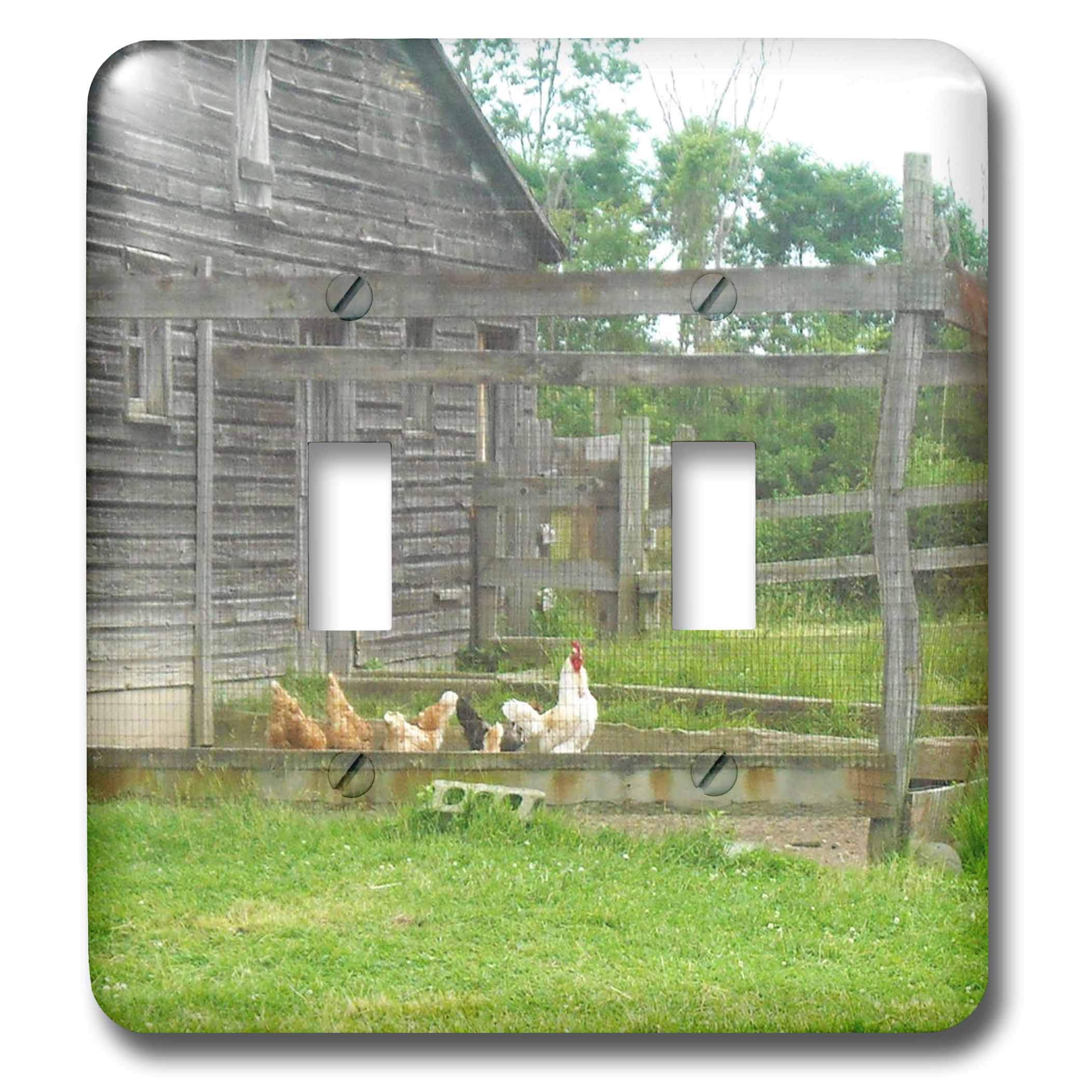 3D Rose Double Toggle Switch with Country Chicken and Rooster Pen - Rustic Barn Style Wall Decor for Farmhouse, Country Kitchen & Western Home Décor