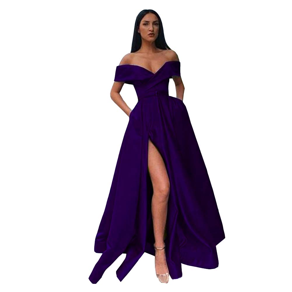 Emanni Women's Off Shoulder Long Satin Prom Dress with High Slit - A-Line Evening Gown for Formal Parties, Homecoming, Pageants & Special Occasions - Elegant Blue & Purple Formal Wear
