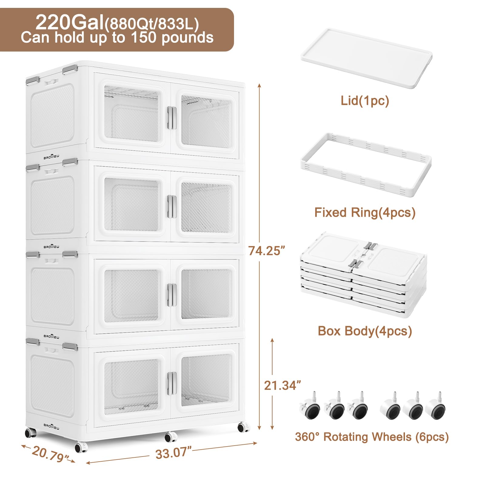 220 Gallon Extra Large Storage Bins with Lids (4 Pack) - 880 Qt Heavy Duty Plastic Stackable Storage Containers with Wheels, Collapsible Closet Organizer & Drawers for Home, Office, Garage, and Moving Storage - Perfect for Organizing Clothes, Toys, and Seasonal Items