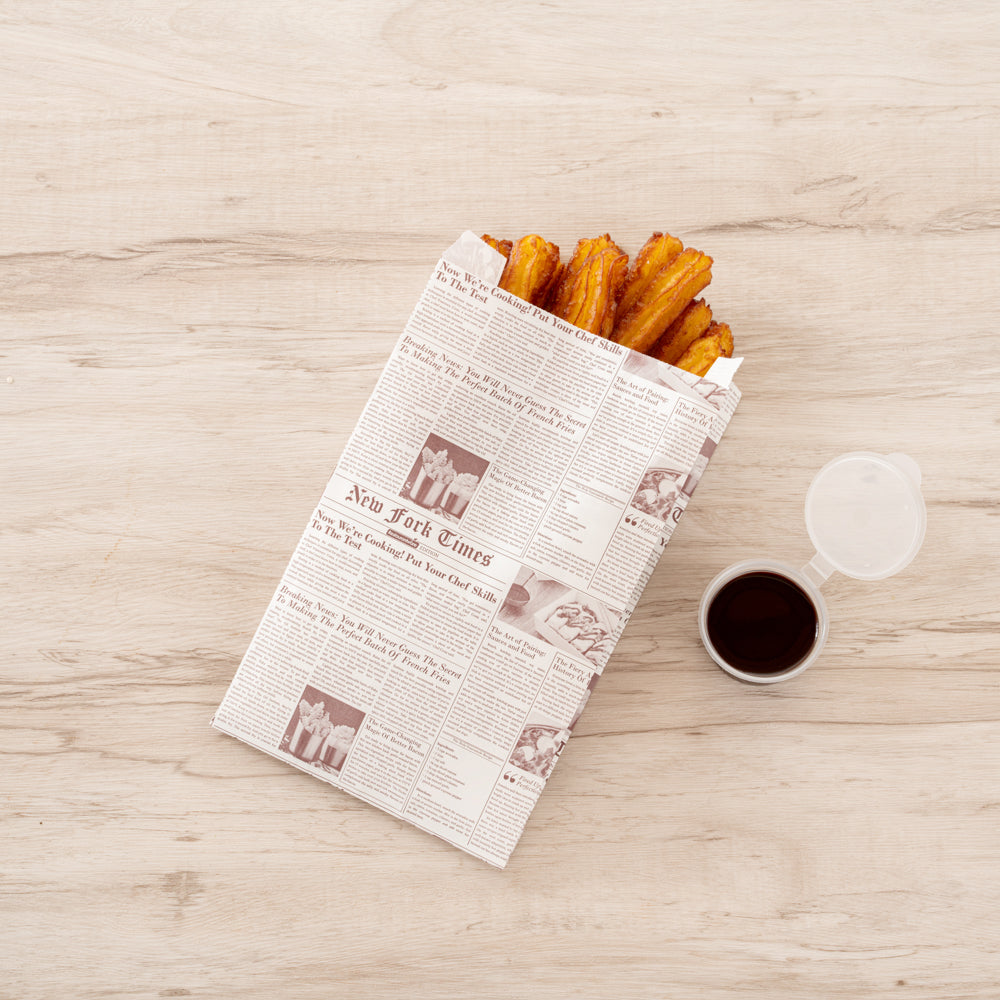 Eco-Friendly Sepia Newsprint French Fry & Snack Bags - 5x3x8.75 Inches (100 Count) - Perfect for Food Trucks, Movie Nights & Party Snacks