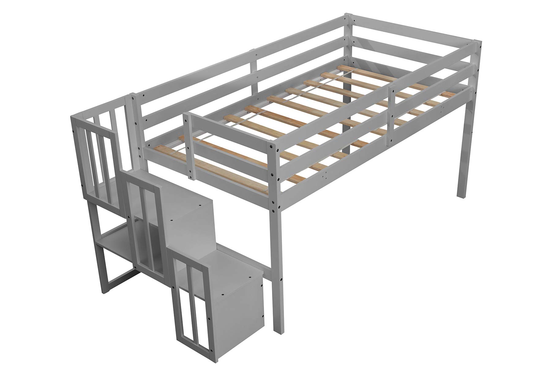 **Low Loft Twin Bed with Staircase & Storage - Wooden Loft Bed Frame with Safety Rails - Space-Saving Kids & Toddler Bed for Small Rooms - Perfect for Dorms, Apartments & Bedrooms (Gray)**