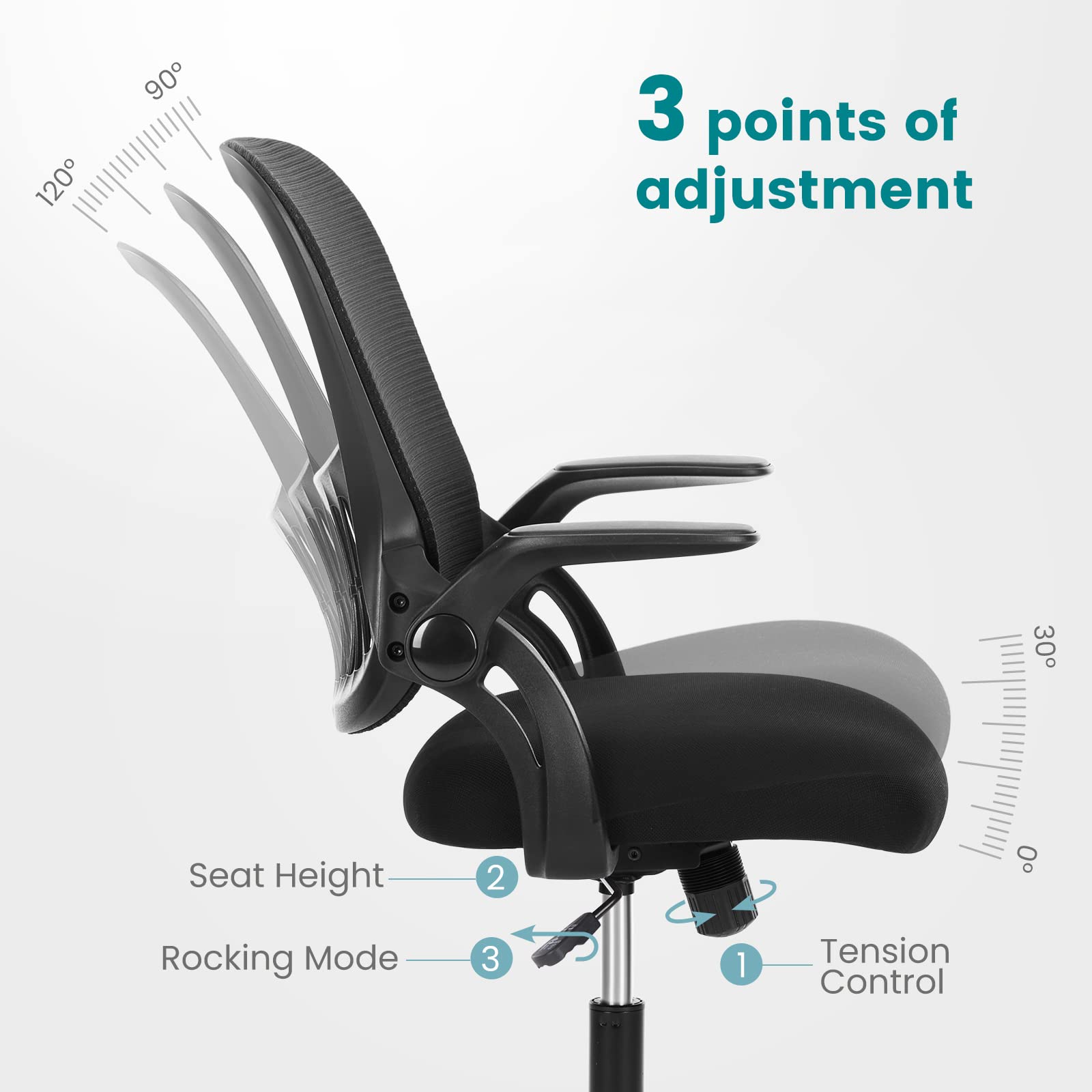 Ergonomic Office Chair with Lumbar Support - Mid Back Mesh Computer Desk Chair with Wheels, Swivel & Flip-Up Arms - Comfortable Task Chair for Home Office, Gaming, Study & Bedroom - Black (Ideal for Long Work Hours, Online Classes & PC Gaming Sessions)
